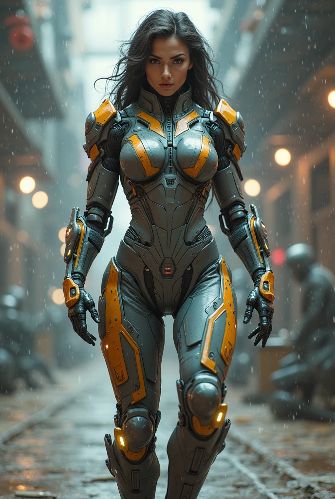 RAW, (masterpiece), (ultra detail),(best quality), (photorealism)[scenery of the invasion of an Old West city by ships and cyborgs, a cyborg woman stands out]. (1girl), (Approximately 30 years old, her white and luminous skin contrasts with the small town environment). (Her black hair), neatly tied up. (highly detailed), (fine face details), (Her square face shape is defined by a large, straight nose and full lips that enhance a harmonious union of humanity and technology). (She has two-colored eyes), one of which is cybernetic and red, which emanates a mesmerizing glow, capturing everyone's attention, and the other is completely black. (realistic details), (Dressed in a predominantly white bathing suit with orange accents, a futuristic silver belt, she wears a silver hoop necklace around her neck: 1.2), adding a touch of elegance and technology to her presence. (fine details), (best quality),(realistic textured skin), her slender triangular body features toned muscles that show her strength, medium breasts, (with voluminous buttocks that add an aura of power:1.2). (While the light of the setting sun highlights every detail of her costume and accessories, the cyborg stands out as a fascinating and enigmatic figure: 1.4). In the turmoil of the invasion, her presence through the street of the old town stands out, personifying the unique combination of realism and science fiction. she is walking down the street. Her distinctive features and imposing physical form make her an impressive and captivating figure in the dynamic setting.