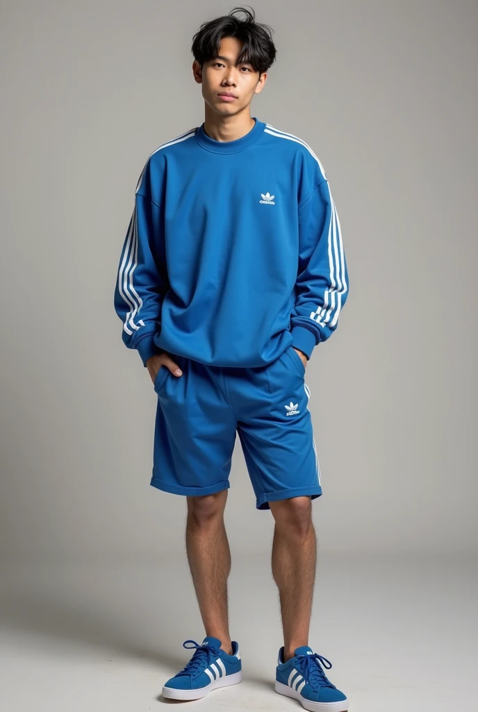 The color of his hair is black, his face is white, he wears a long-sleeved jacket up to the fingertips, the jacket is blue, his pants are black with stripes on the right and left, they are blue and his shoes are white