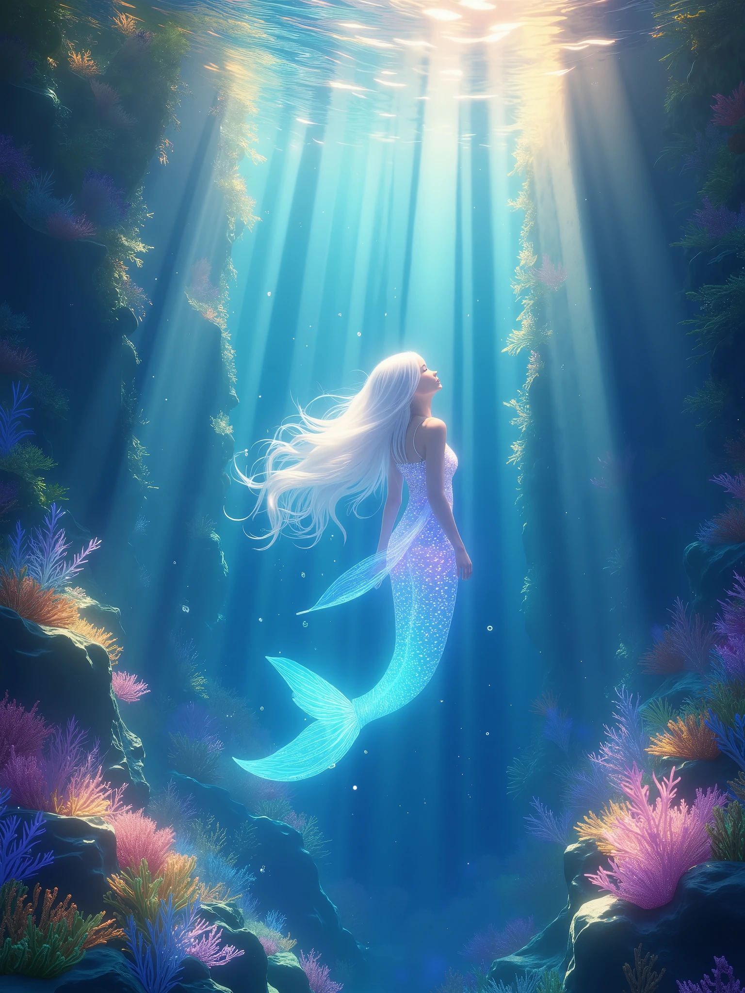 Futuristic mermaid with bioluminescent scales, swimming beautifully curved in a coral underwater city, her tail shimmers with neon colors, white phosphorescent hair flutters in the water, ancient ruins and futuristic buildings merge together, soft blue light penetrates through the water,digital art, ultra-realistic, 8K resolution. AmanoER,
