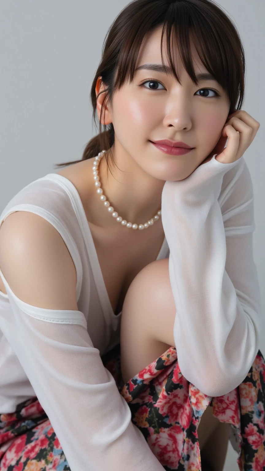 1 Girl ,Highest quality, Ultra-high resolution, Highly detailed skin, Physically Based Rendering, Small breasts, Flat Chest, Down blouse,(14 year old Japanese student, Decorative fine bra , Overlap short sleeve blouse, Small breasts, Sensual ),Sitting, Crouching on the train, short hair, necklace ,close,From top left ,Focus on the chest ,High brightness