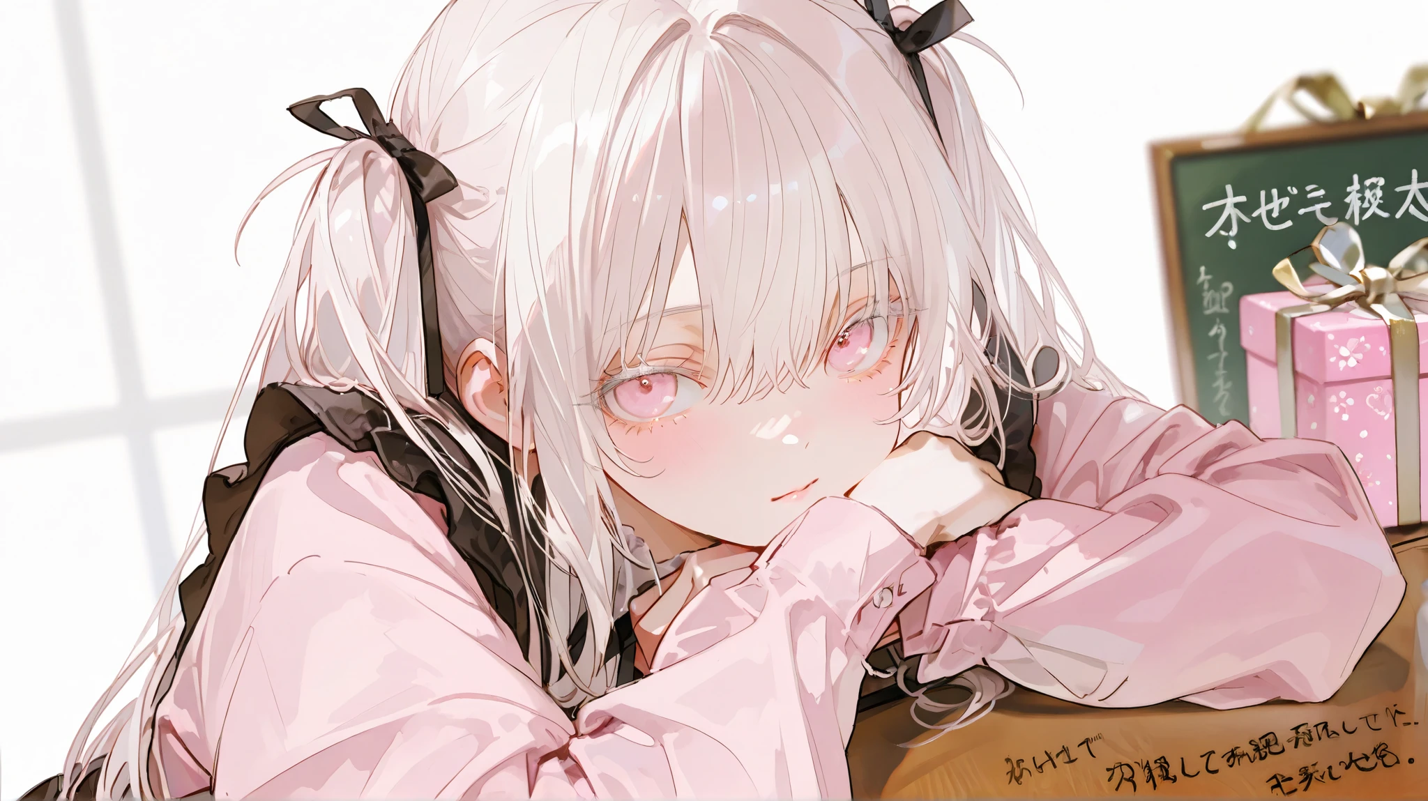 masterpiece、 best quality、gift、 average quality 、 very detailed、 very beautiful、 absurd、 blurry background、 depth of field、 natural light、 Soft Writing 、Good move 、 detailed eyes drawn on board、 detail hair 、 sensitive、1 girl、Alone、 staring at viewers , standing, twin tails extended to the bottom, white hair , light pink eyes ,White eyelashes ,cute clothes ,simple background