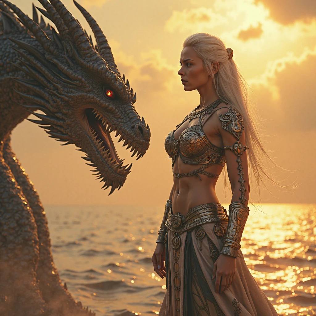 Woman in a black dress holding a sword and a dragon, Queen of Dragons, dragon queen, Fantasia De Alta Qualidade Foto Stock, Daenerys Targaryen, Mundo de Fogo e Sangue, Daenerys, Foto do personagem de fantasia, dragon girl, fantasy inspired dragon armor, Drogon, dragon in the background, realistic fantasy rendering, battle with dragon