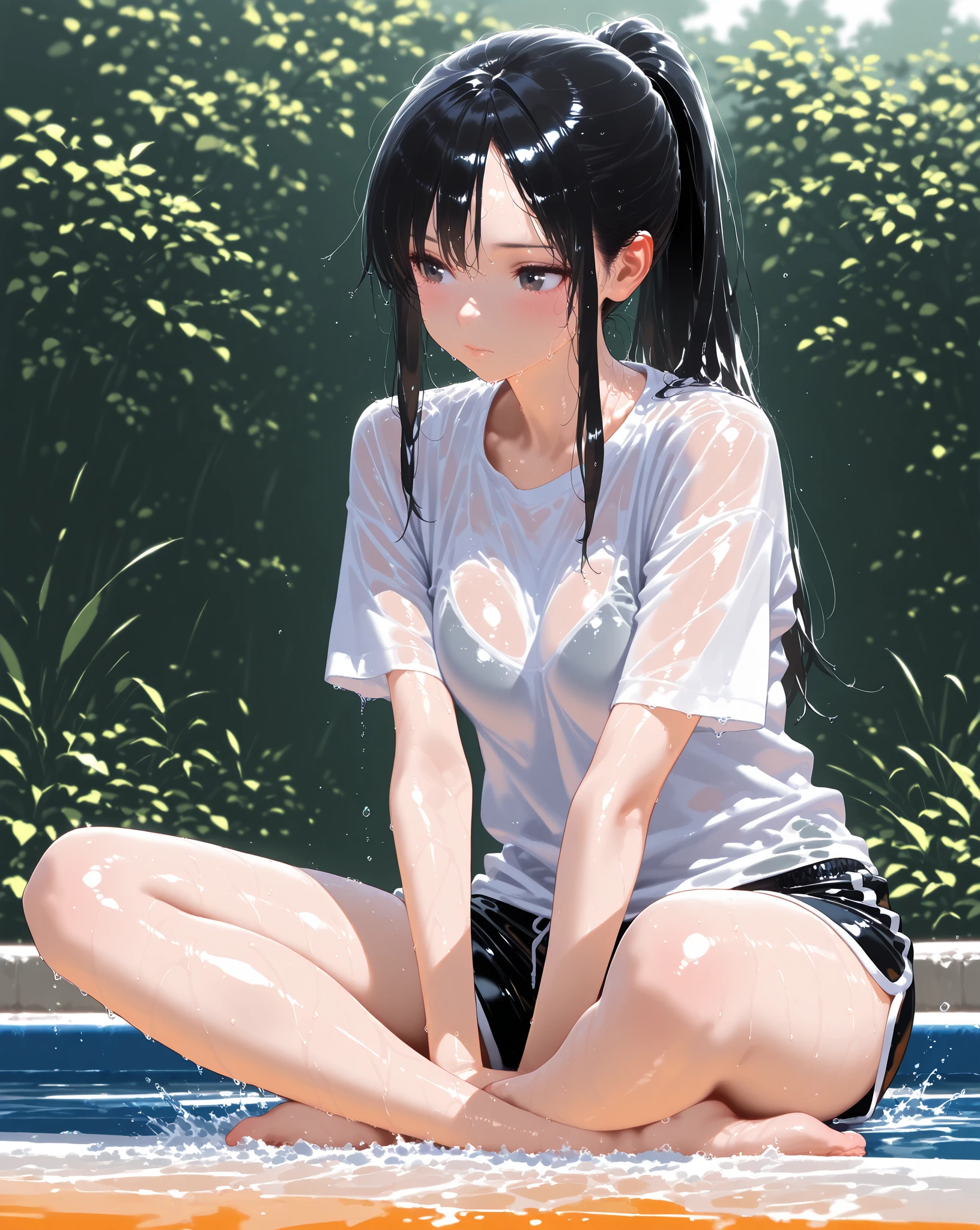 ((4K,8K,Highest quality,Perfect Fingers:1.3,Perfect Anatomy:1.3,Background Blur)),((,woman,cute big droopy eyes,Straight Long Hair,Beautiful and slim girl,Black Hair)),((Complex and detailed:1.4)), ((Very detailed)),[[See through]],(Gym suit),((Dark blue gymnastics bloomers)),((White shirt)),Short sleeve,((Wet:1.1)),(White shirt over nipples),Large Breasts,blush,(Smiling Kindly),(Sweat),(Shiny skin),Perfect clear skin,super oily,Full body angle,School poolside,