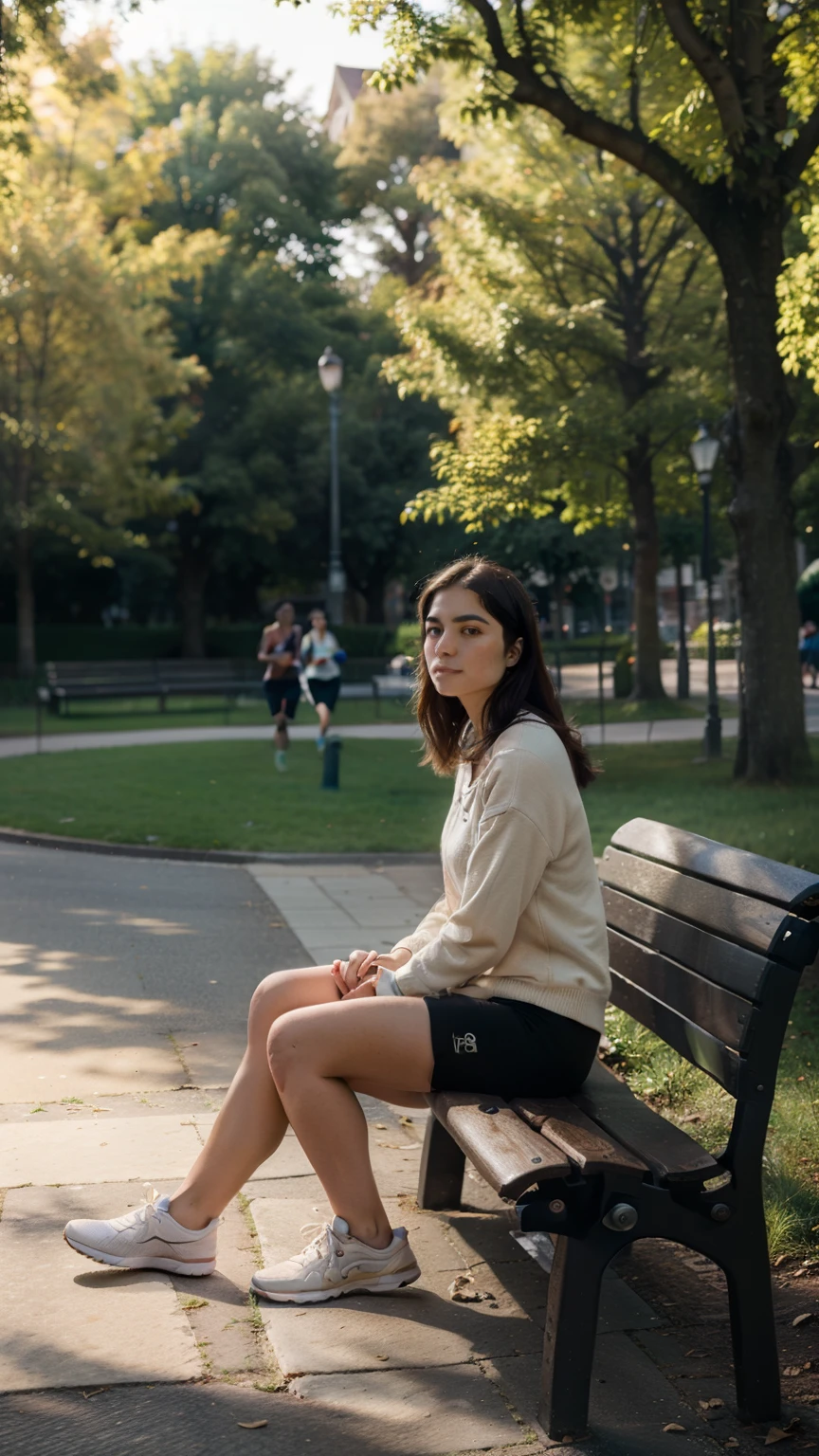 Generate an image of a beautiful young woman with very large, wavy, dark brown curly hair, no makeup, and an attractive face, sitting on a concrete bench in a park, with her full body visible --style photorealistic --high-resolution 8k --soft-focus --natural-light --outdoor-setting --concrete-bench --relaxed-posture --soft-shadows --natural-colors --high-detailed-textures --gentle-expression --detailed-hair --oval-face --bright-eyes --full-body --relaxed-legs --casual-clothing --park-background --warm-colors
