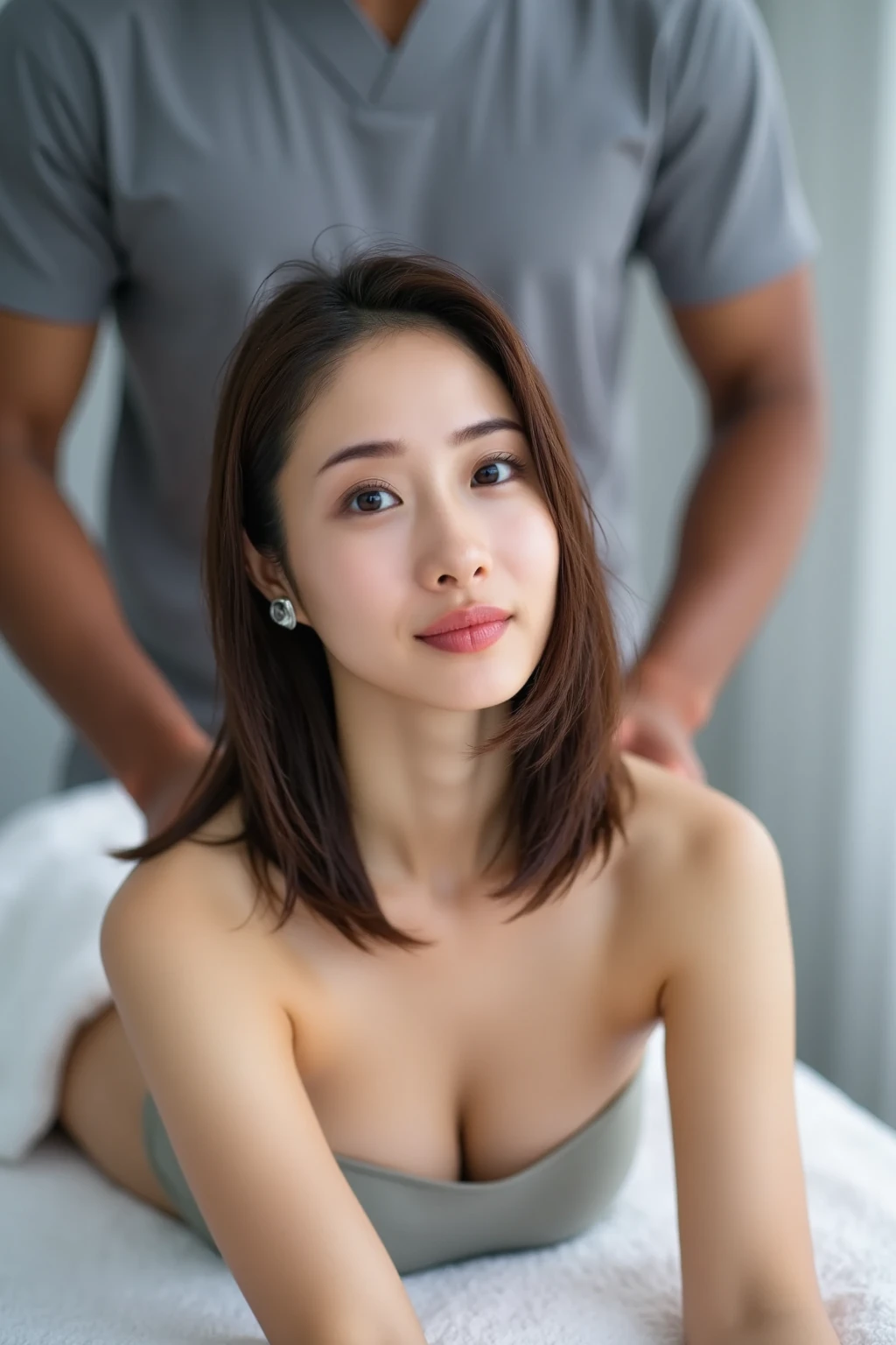 Couple consists of an old bald man and a young cute girl, an Indonesian slim georgeus cute tiny full naked girl 17 years old, being having sex  from behind with full naked Indonesian adult macho man 50 years old that having good looking erection circumcised round shape tip penis, they are loving each other, both  enjoying to doing hot  sex as when penis inserted into vagina for the first time, very detail, very realistic, very natural, man's body biger than the girl's body, both are horny, both face are horny and enjoying this sex,