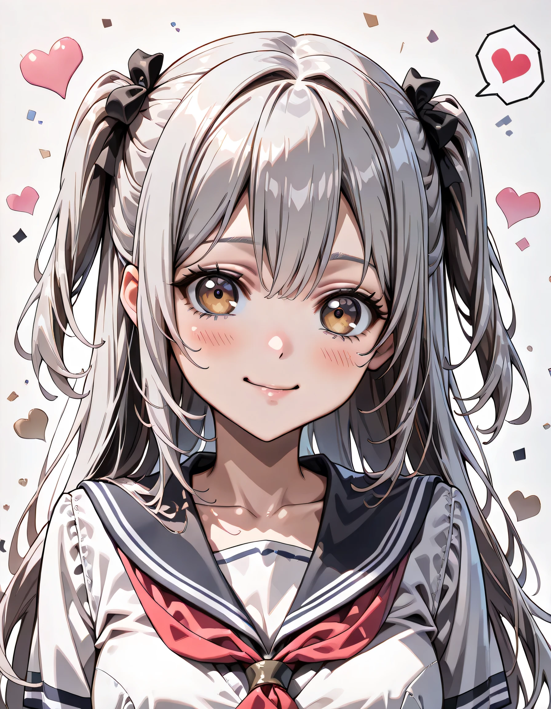 ((ultra-detailed)), (highly detailed CG illustration), (best quality:1.2), ultra-highly detailed, colorful composition, artistic photoshoot, 1girl, solo focus, ((upper body:1.4)), moe anime character, age girl, dainty facial structure, (baby face), (round face), ((rounded chin:1.2)), celia-default, celia claire, (blue eyes), ((silver hair color)), ((two side up hair)), ample breasts, school uniform, sailor suit, traditional Japanese style with navy blue and white colors, :q, licking lips, one eye closed, ((smile)), ((blush:1.4)), ((looking viewer)), ((spoken Heart:1.4)), ((pink heart background)), from front, best quality, masterpiece, expecting, pink cheek, blush, light pink gloss slip, portrait, depth of field, soft lighting, sidelighting, (shine), lighting, caustics, ray tracing, smile, perfect face, lustrous skin, highly detailed face, highly detailed eyes, perfect face, perfect nose, perfect hair, perfect eyes, perfect anatomy, beautiful hair, beautiful small face, extremely detailed face, beautiful detailed eyes, beautiful clavicle, beautiful body, beautiful ample breasts, leavage, breasts squeezed together, equalize the size of the left and right breasts, beautiful thin thighs, beautiful legs, beautiful fingers, 4 fingers, 1 thumb, lovely, (very detailed background:1.0), (highly detailed background:1.0), spring aesthetic, intricate details, joyful atmosphere, spring colors palette, chromatic aberration