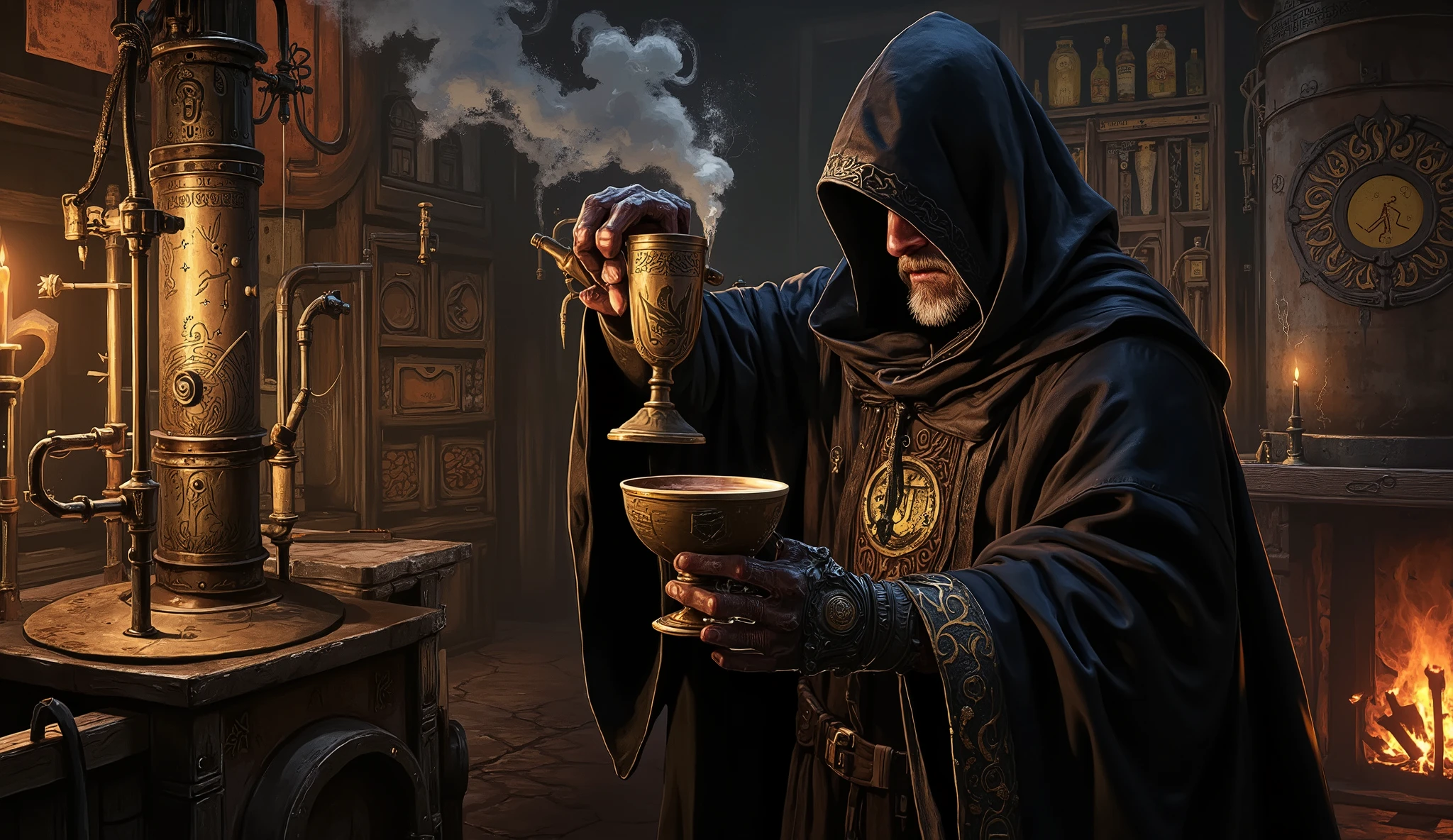 Beer wizard with hoodie and black robes drinking a black beer in his brewery while brewing black beer in a ritual