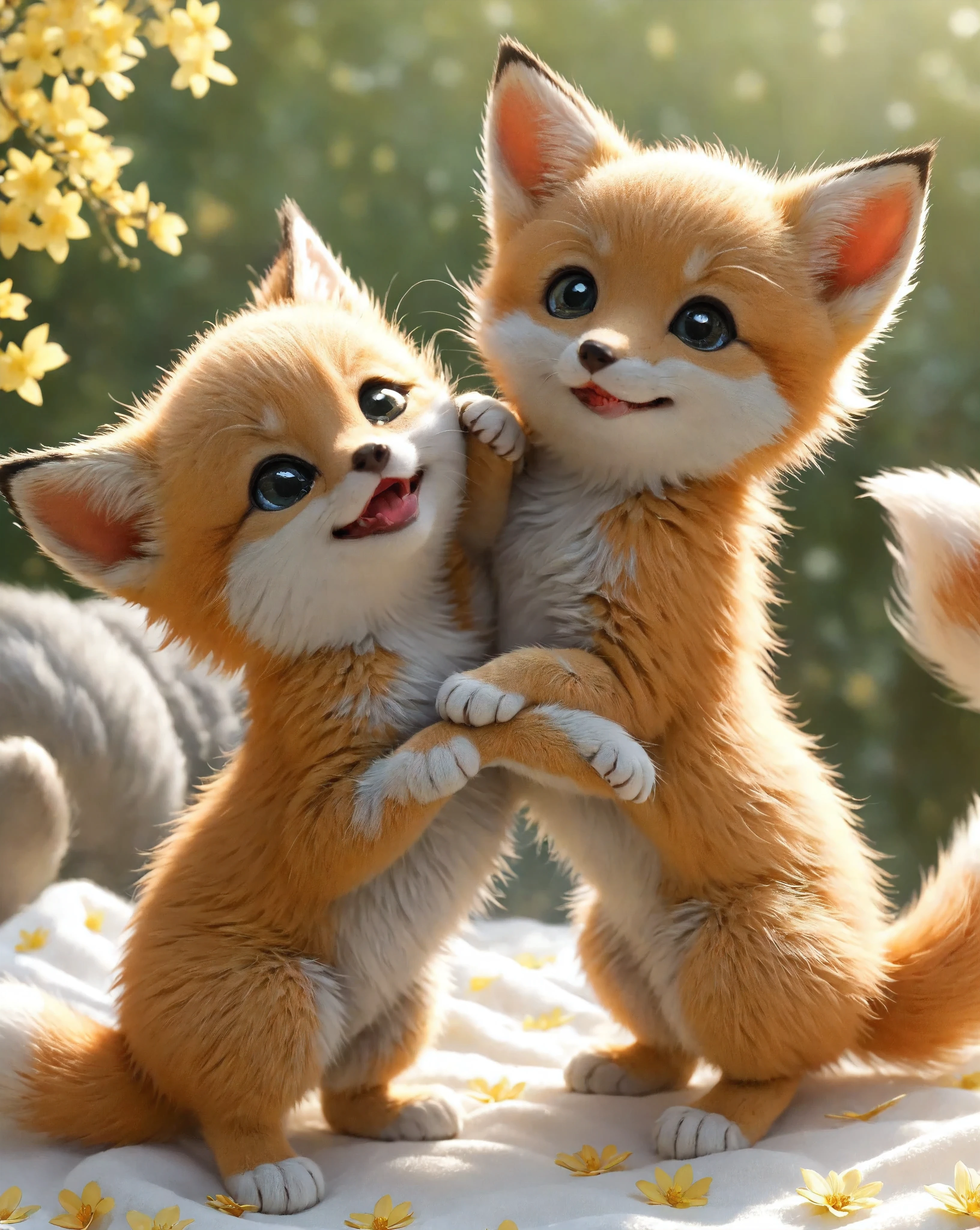 A baby fox and a kitten are playing together happily.。Playing together、 cute、kitten、Baby Fox、