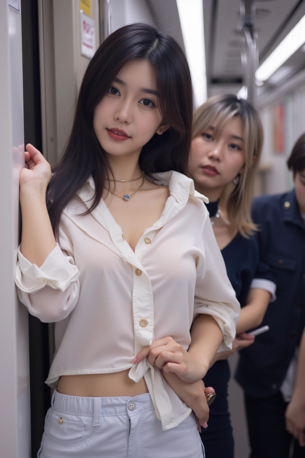 (男性が女性のchestを掴む:1.6), (Man flips up his skirt:1.4), (A man puts his hand in his shorts:1.4), 8k, Super Detail, Accurate, 最high quality, Hmph, Tabletop, Accurate, Anatomically correct, Textured skin, Super Detail, high quality, Attention to detail, Awards, High resolution、Browsing Caution、The background is the inside of a crowded subway car、One Girl, chest, brown hair, Medium Breasts, 複数のboy, White button front shirt with open chest、(Black tight business mini skirt:1.3)、(All men),、Brown eyes, 6+boy, Focus Only, Falter, Long Hair, Displeased、?????????,Black Hair, Long eyelashes, Round eyes, Surrealism, Cast a Shadow, Anaglyph, tachi-e, (shine:1.2)、Atmospheric perspective, (A lot of guys), (All men), (10 people),