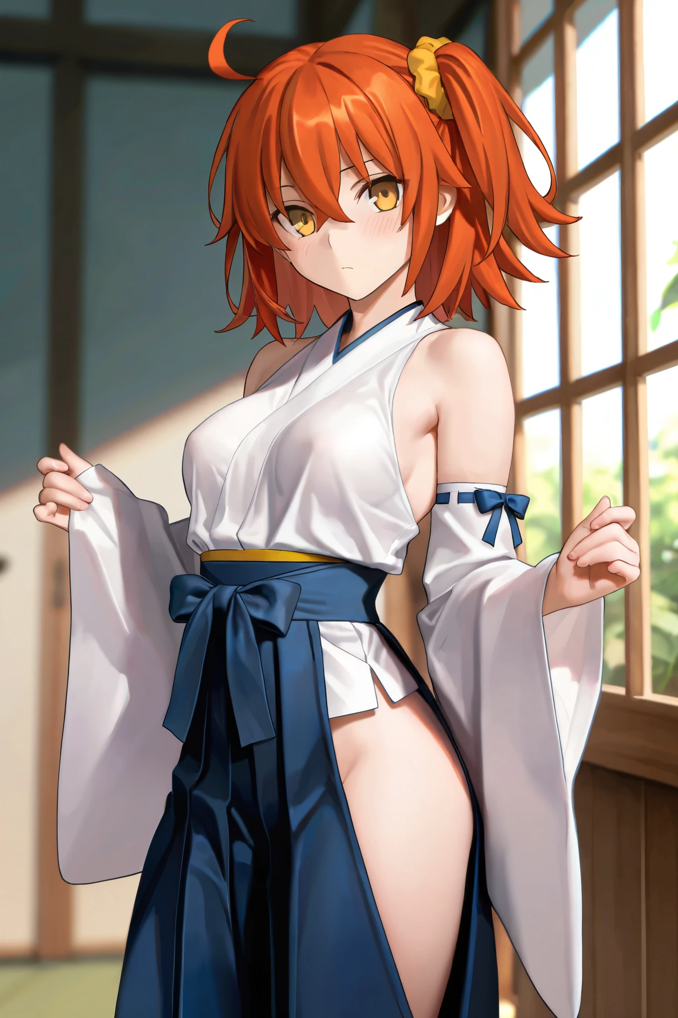 2d, masterpiece, best quality, anime,anime colors, vivid colors, highres, intricate iris,(((((((nipples)))))),
(looking at viewer, seductive smile, closed mouth, upper body,),
(huge breasts:1.2, narrow waist),
(leaning forward, arms behind back),
indoor, bursting breasts,
(hyuuga hanabi), (off shoulder orange kimono, obi, hakama skirt, ), (low tied long hair, hair bow ),