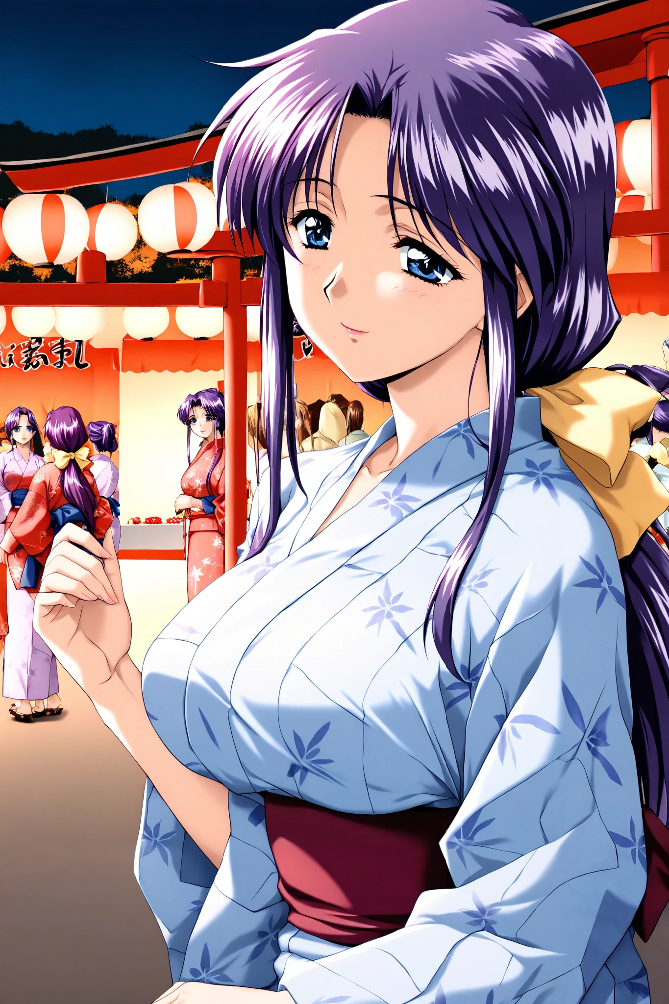 face closeup:1.3,masterpiece, best quality, Good quality, 1 girl, I will be born _Yukie, Alone, purple hair, long hair, big breasts, blue eyes, hair bow, yellow bow ,  low ponytail, (A yukata with a beautiful pattern:1.5), watching viewers, (afterglow:1.3),  opened my mouth, Ｖshaped hand, Kobushi,night, Shrine torii gate, (smile:0.6),(Summer Festival:1.3)
1990s (style),  game cg style,(mature woman:0.9),(In the shadow of a shrine building:0.8)