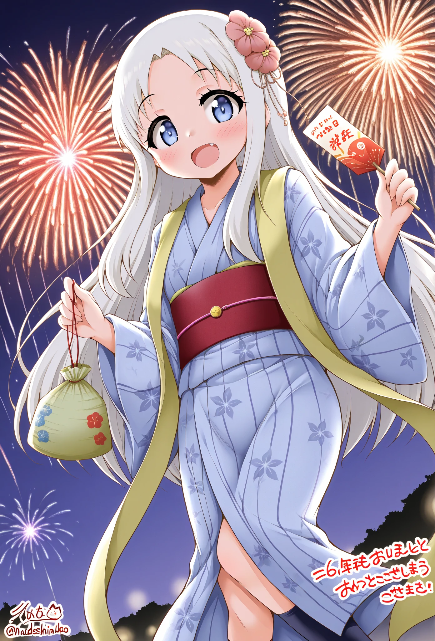Character Design:
• Hair: Fiery red and orange gradient, appearing to flicker like flames in the light of the summer festival.
• Clothing: Modern-style yukata with flame motifs, incorporating red, orange, and gold hues.
• Accessories: Floral hairpieces and a fan matching the yukata, holding a bag with a goldfish caught at the festival.
Summer Festival Scene:
1. Background:
• Stalls: Rows of food and game stalls illuminated by lanterns, with bustling activity around yakisoba, takoyaki, shaved ice, and other stalls.
• People: Various festival-goers in yukata, including families, couples, and friends, enjoying the summer festival.
2. Activities:
• Food: The phoenix woman enjoying a red shaved ice or a golden cotton candy, reflecting her fiery color palette.
• Games: Participating in activities like shooting games or yo-yo fishing, focusing intently on the target or smiling as she catches a yo-yo.
3. Special Moments:
• Fireworks: A scene with fireworks lighting up the night sky, with the phoenix woman illuminated by the colorful bursts, creating a magical atmosphere.
• Dancing: Participating in traditional bon dance, her movements graceful and flowing like flames, blending tradition with her unique beauty.
Color Palette:
• Phoenix Woman: Dominantly red, orange, and gold.
• Background and Accessories: Colorful festival lanterns and stalls, with the night sky and fireworks adding additional vibrancy.
Concept:
• Capture the liveliness and joy of a summer festival while highlighting the phoenix woman’s mystical allure.
• Blend everyday festival scenes with the extraordinary beauty of the phoenix, creating a visually captivating moment.