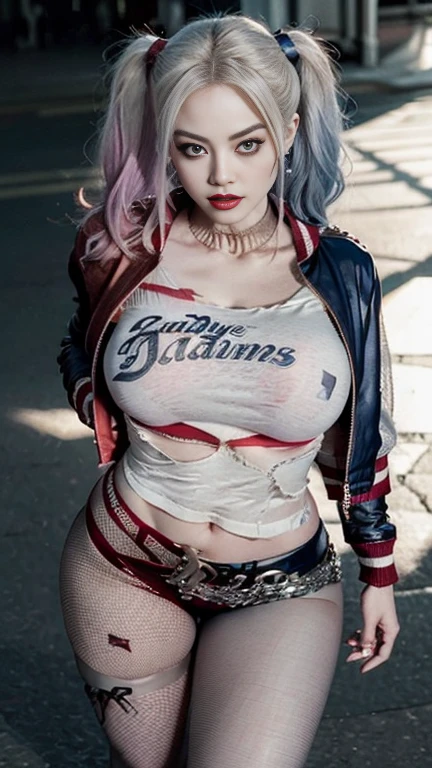 Harley Quinn bimbo women ,bronze tan,chubby cheeks, pouting lips, big fake tits ,big blue eyes , narrow waist,big bubble butt,wide hips,thick thighs,long legs,curvy figure,(clothes:Harley Quinn outfit,crop t-shirt white ,mini shorts blue,high knee socks white with blue stripe,high-heeled louboutins,choker,earrings),long fingernails,manicure,(shy face),(high quality),(hyper realistic),( realism),(8K,UHD),wide claves,(sexy pose,kneeling ),(Harley Quinn makeup),((masterpiece)),(role model:cosplayer ),((detailed face)),bright makeup,smoky eyes,(location:night club ,neon lights ),(night),half face ,side view