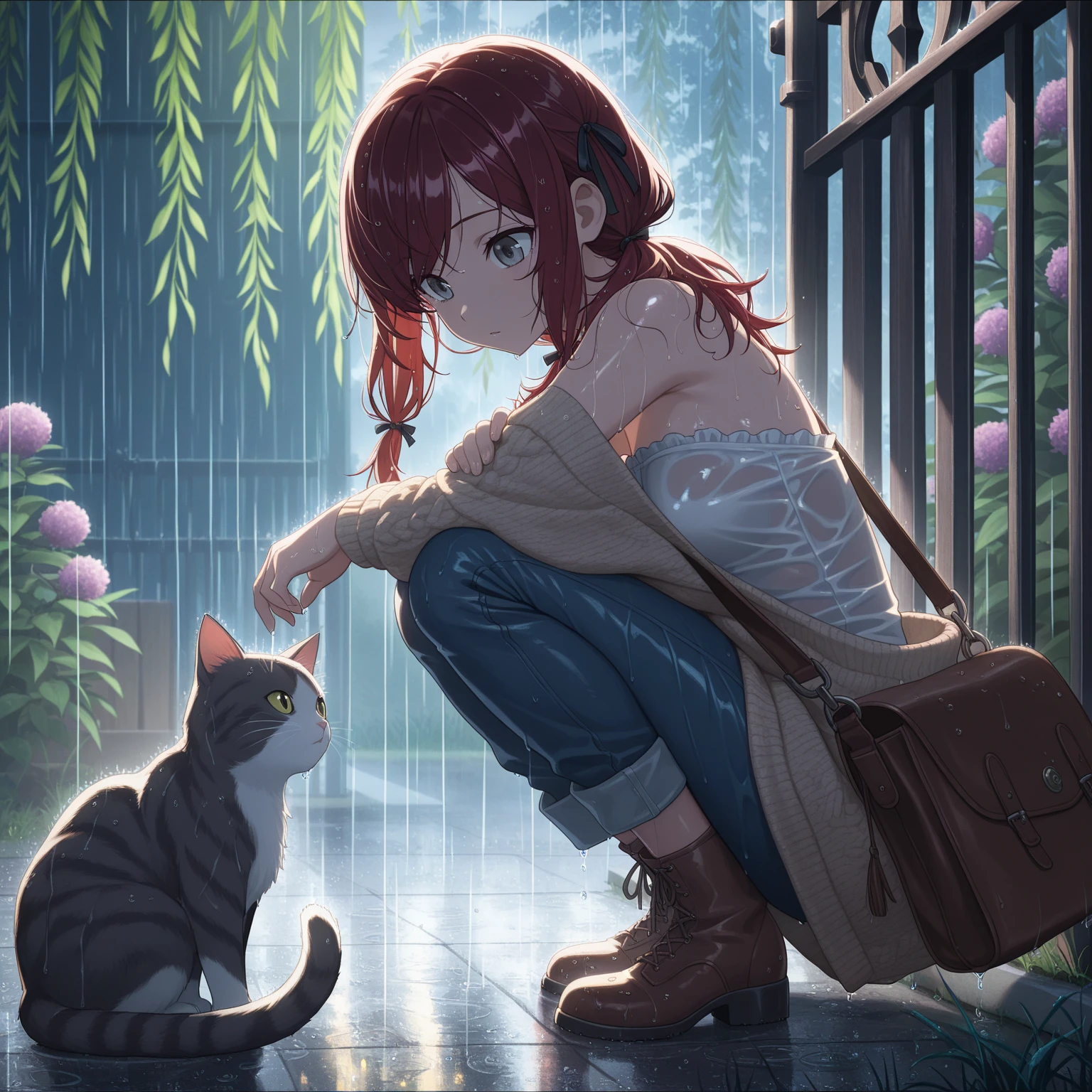 masterpiece, best quality, amazing quality, , deadpan girl, shielding cat from rain, heavy rain, puddles, crouching, light particles, thin, dark red hair, swept bangs, low twin tails, hair ribbons, stoic, gray eyes, white strapless sleeveless shirt, beige knitted cardigan, jeans, boots, wet hair, wet clothes, wet skin, shade, satchel, gate, iron fence, cat, sidewalk, willow trees, shadowy aura, dusk, flowers, grass, ambient studio lighting, shiny skin, (anime screencap:1.2)