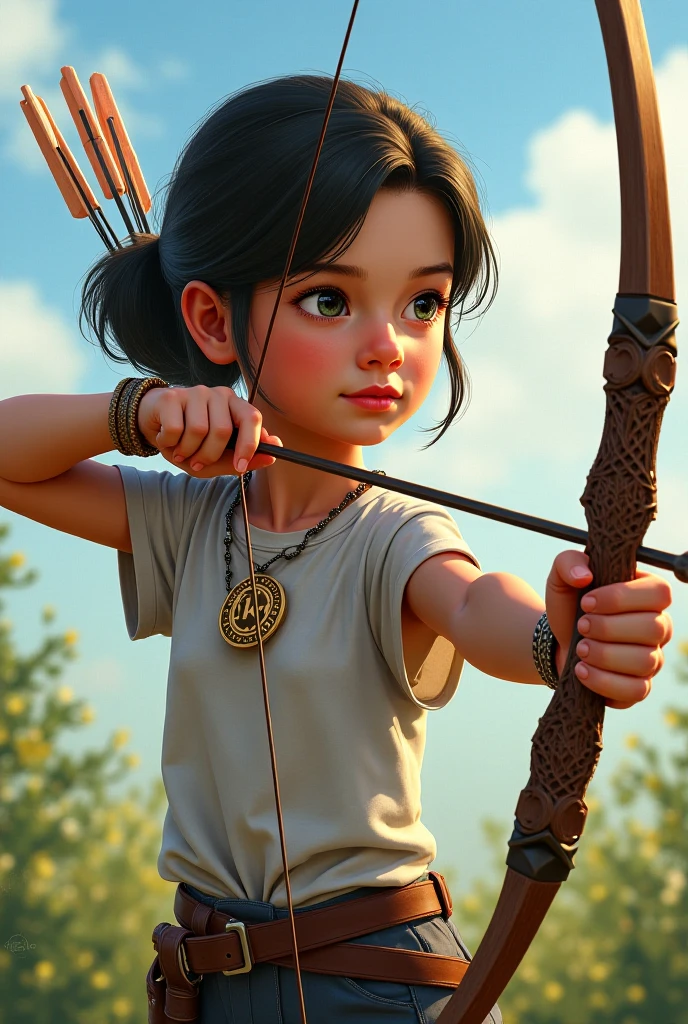 Archery dojo、Girl with a bow、Serious look、nervous