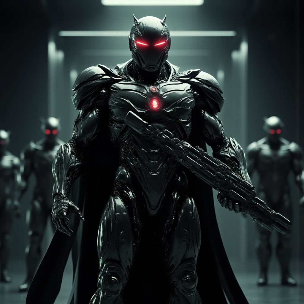 Create a book cover that portray the following story: Love is the most powerful emotion, the only force that can defeat the alien Nanomachines, whose invasion changed our DNA and became the impetus for god-like humans, monsters and demons. The Skreepers, Setrekians and Dracks were created to turn the world into a Dystopian environment, and their rise to dominate the planet could help a mad scientist realize his dream toward worldly domination. Scientists' solution was to unleash a secret weapon that had one dangerous side effect that could cripple the world. This super soldier is totally omnipotent, god-like and once the creatures are annihilated, he will turn on his creators. His only weakness is love. Can a sarcastic hitman hired by a religious sect set things right before it's too late, or is he just as bad as the creature he seeks to destroy?