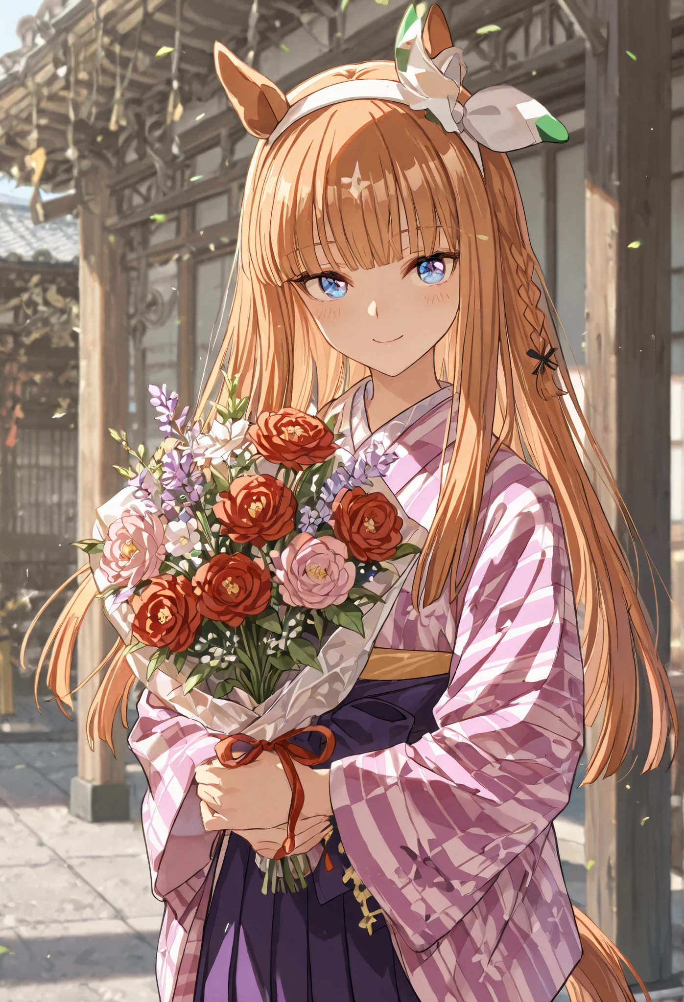 {{{masterpiece}}}, {{{best quality}}}, {{ultra-detailed}}, {illustration}, {{an extremely delicate and beautiful}},{{{Silence Suzuka}}},{{{Uma Musume}}} {{{smile}}}, kimono,Hakama,{{{Japanese towns in the Meiji era}}} holding a bouquet of flowers