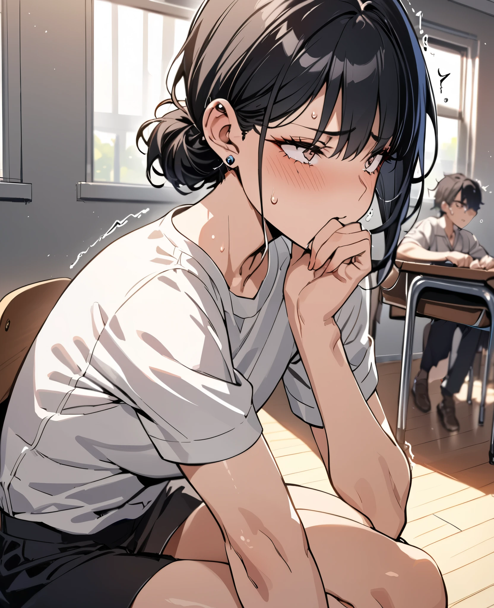 ((masterpiece, best quality)), classroom setting, black short-haired woman, hidden vibrator, flushed cheeks, subtle trembling, sitting pose, lecture desk, detailed facial expression, natural lighting, soft shadows, nervous tension , full body view, averting eyes, hand covering mouth, delicate jawline, soft eyes, long eyelashes, slender build, slightly feminine body shape, fair skin, subtle makeup, ear piercings, casual stylish clothing, ambiguous gender presentation, bishonen, pretty boy, (high quality), perfect lighting, detailed face
