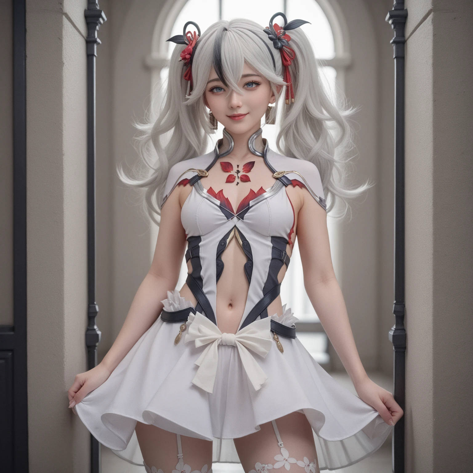 ((NSFW:-0.9, (nipple:-0.9), Acutance:0.85, White and Red, Mystic sight, (many Dazzling flush lights with lens flares) and lens Ghost, Luminous Particles, many colorful Lights )) . best quality, (masterpiece:1.3, realistic, photorealistic, ((analog photo:1.37)), ultra detailed:1.3) . (Amazing KAWAII Idols Walking on stage), ((Extremely detailed (KAWAII face variations)) with joyful expressions), { oiled ivory skin | Overflowing Biomechanical HUGE and HEAVY boob | pretty hips | (Exquisitely White dress with back cutouts) | Full of flowers covering girl's body | long hair:-0.8 }, { (Visible naked backs with Overflowing sideboob) | ( Walking on stage with Red highheels, large crowd:1.4) } . (((Ass focus, butt crack))), Whole Body proportions and all limbs are anatomically accurate .