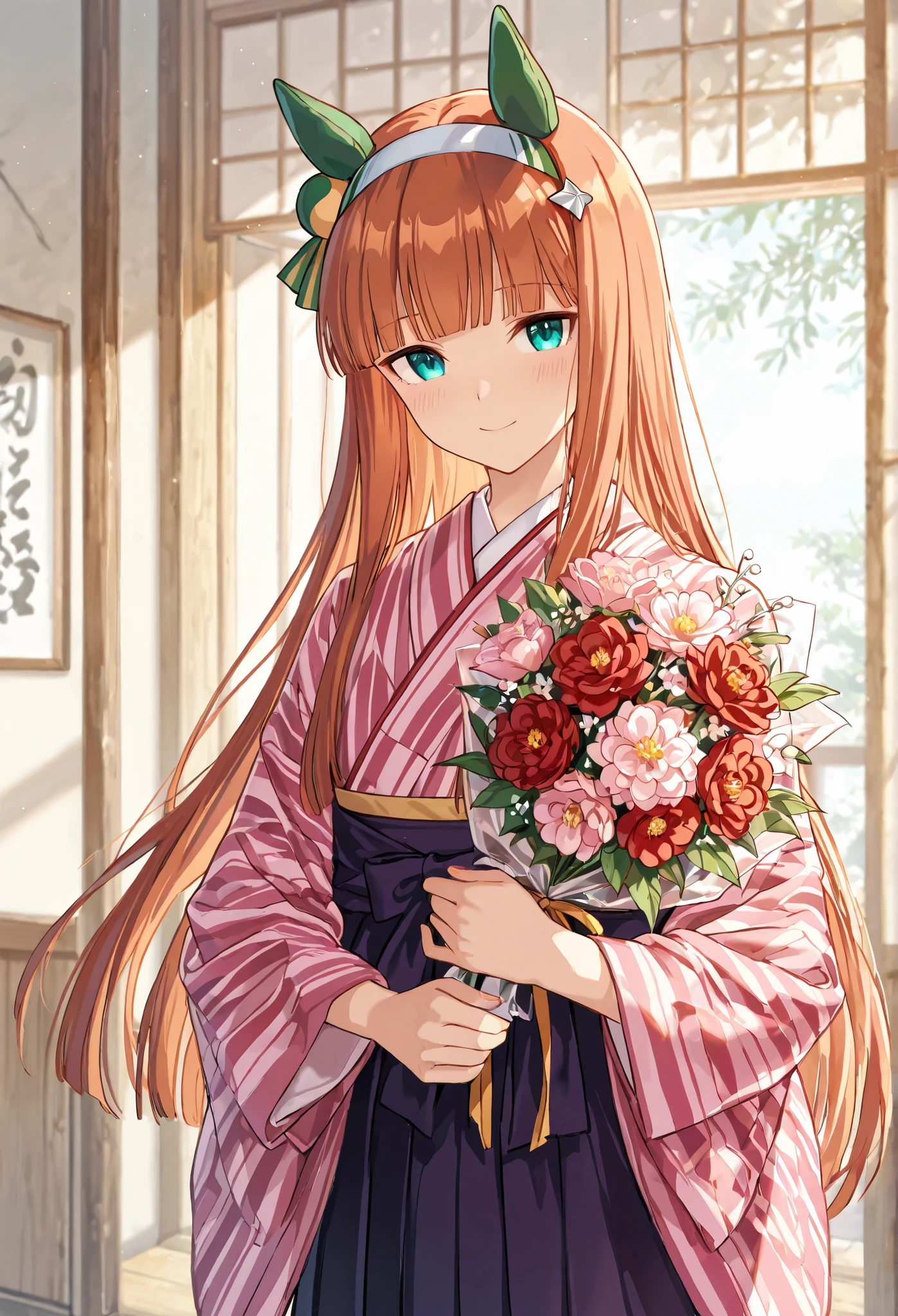 {{{masterpiece}}}, {{{best quality}}}, {{ultra-detailed}}, {illustration}, {{an extremely delicate and beautiful}},{{{Silence Suzuka}}},{{{Uma Musume}}} {{{smile}}}, kimono,Hakama,{{{Japanese towns in the Meiji era}}} holding a bouquet of flowers