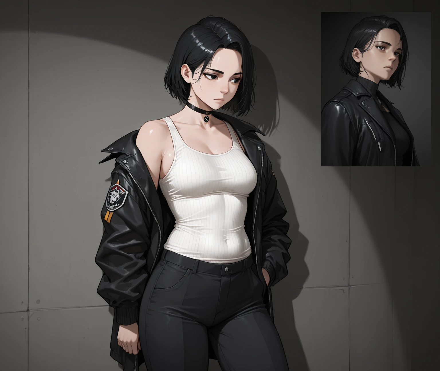 Girl short black hair hd detail white t-shirt brown jacket ultra hd detail