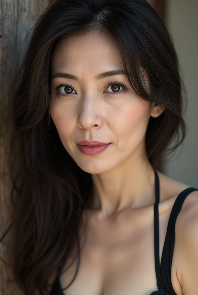 A mature woman, With black wavy hair, Wear suspenders, busty figure, exquisite facial features, Realistic picture quality, an asian woman, Age is about 40 years old, Surreal