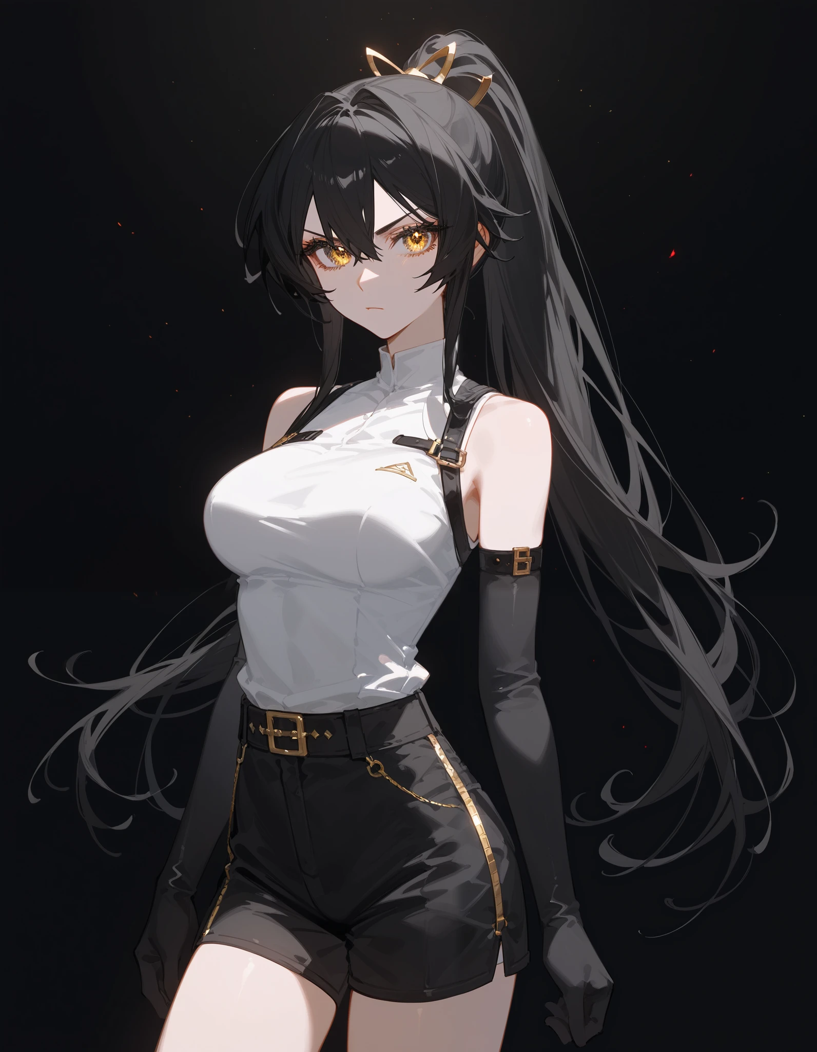  color scheme,girl, black hair, horse hair ,girlบาร์, , gold-bronze eyes, long hair,ปลาย black hair,ใน gold-bronze eyes,ปลาย black hair,thin,girl,set, ponytail,White Shirt,Fierce face,G cup breast,Fierce face,Pointed eyes ,White Hair Straps,pigtail, ponytailเปีย, Sleeveless Top,shorts,,  black gloves ,Long gloves,standing,serious front