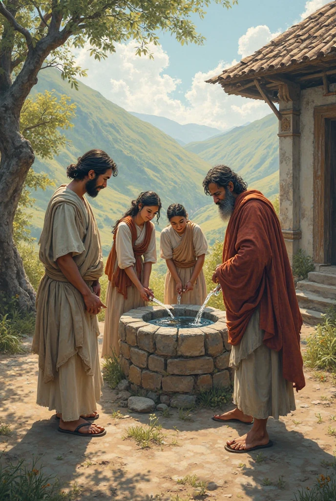 a drawing that has 4 people around an olive press