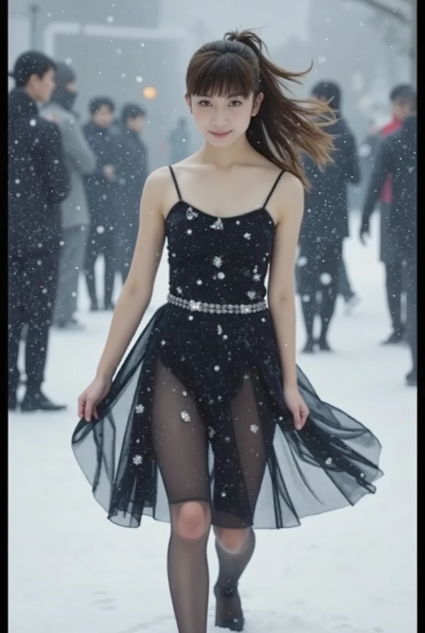An extraordinary Japanese beauty dancing in the blizzard pouring down from the sky、Jet black dress、Pantyhose with silver glitter、beautiful legs、gorgeous jewels scattered all over her body、Her hair is silver and ponytail、Full body image that conveys a sense of dynamism、super high quality、best image quality、32K、ultra high definition、beautiful woman、beautiful face、 beautiful eyes、Highly detailed images、perfect human body structure