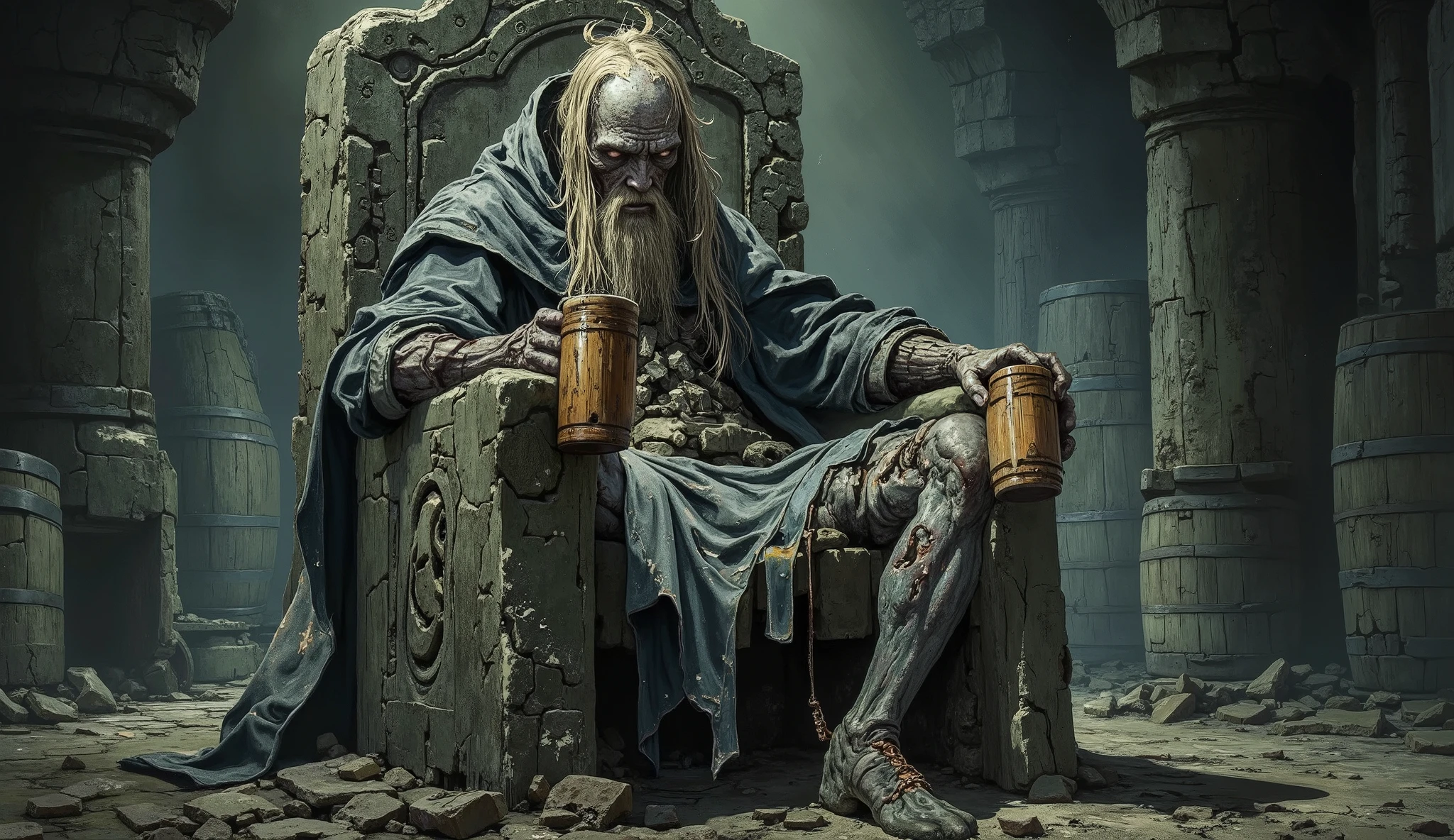 a very old zombie king is sitting on his partially destroyed and time-worn stone throne. The king has long thin hair and a thin beard, Already spent by time. The king wears a torn and old hooded robe. the king has his head down and what little is visible of his expression is tired. Your posture is also tired. in one of his hands he holds a large wooden mug. Are your clothes old, torn and ripped. his little crown is old, Broken and worn, dull. The room in which he is located is very old and old, as if it had been untouched centuries ago, with several cobwebs. The place has several broken and scattered wooden barrels.  The environment is dark and creepy . The scene seems to have come out of a Dark Souls game.