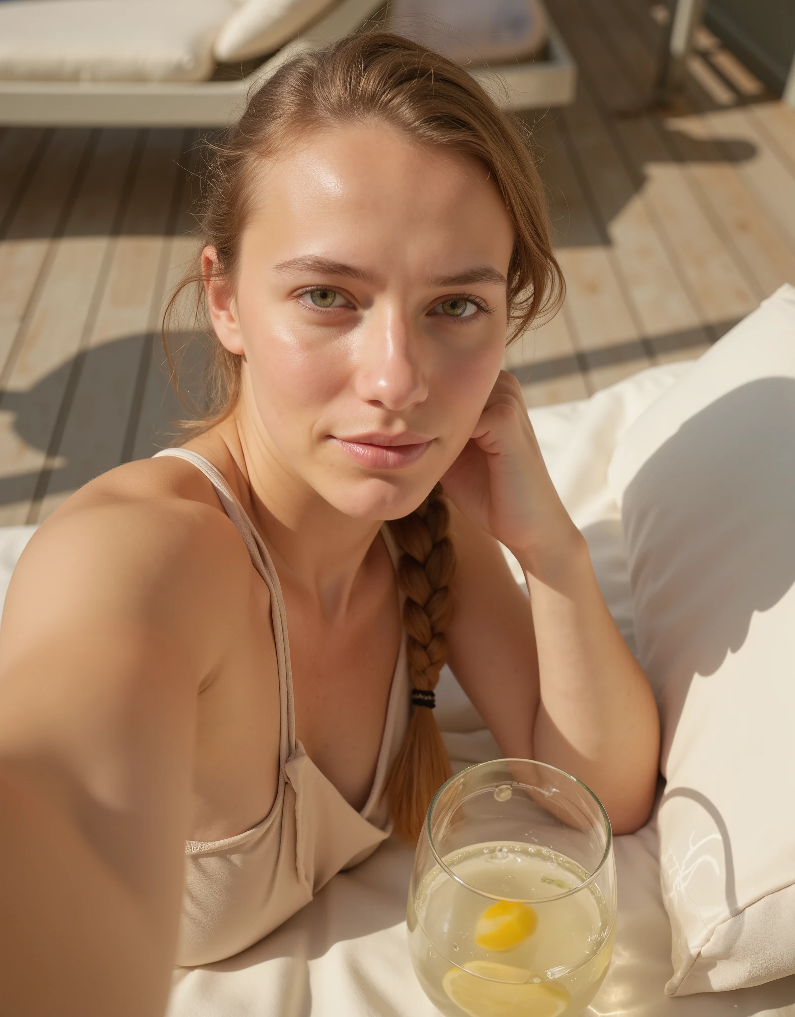 "Close-up selfie of Eden, a 23-year-old influencer from Hamburg, lying on a cozy outdoor sunbed, wearing a simple yet elegant off-white bikini. Her side braid falls gently over her shoulder as she captures the moment, the sun reflecting off her glowing skin. The neutral color palette of the terrace, with wooden textures and cream-colored cushions, enhances the relaxed and luxurious vibe. A glass of infused water with lemon sits beside her. Ultra-HD, soft and minimalistic, clean and natural, peaceful summer retreat.