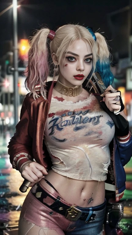 Margot Robbie, Harley Quinn, 20 years old, cyberpunk city backdrop, photography style, urban setting, neon lights, futuristic, edgy, punk fashion, multicolored hair, twintails, leather jacket, fishnet stockings, high heels, confident, powerful, vibrant colors, dramatic lighting, dynamic pose, cityscape, bustling streets, graffiti-covered walls, holographic billboards, street art, cybernetic enhancements, electric ambiance, rain-soaked streets, reflections, neon glow, intense shadows, misty atmosphere, detailed background, urban life, chaotic, raw energy, expressive face, immersive environment, night scene, cinematic photography, high resolution, ultra-detailed, by Annie Leibovitz and JR, Vogue