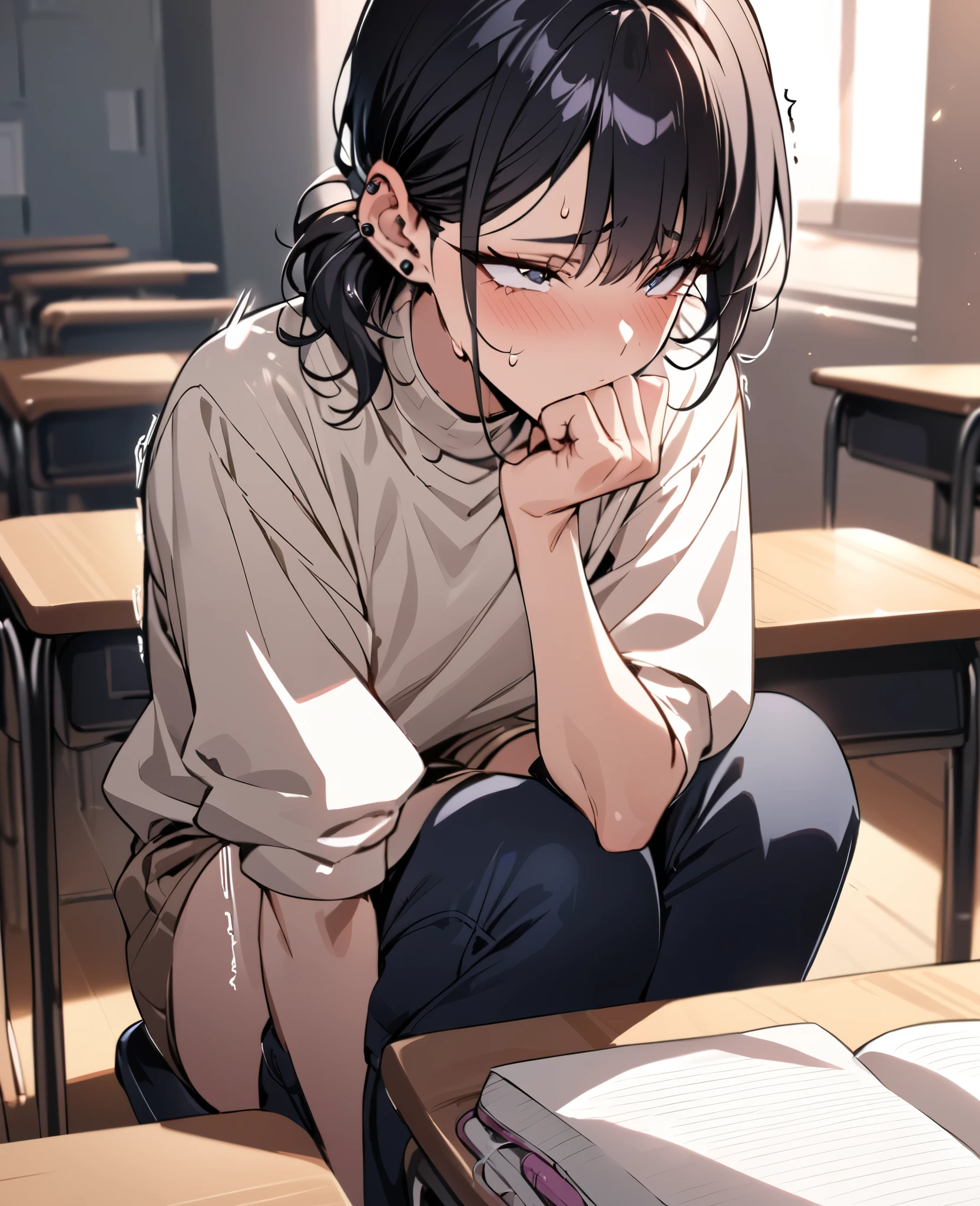 ((masterpiece, best quality)), classroom setting, black short-hair woman, hidden vibrator, flushed cheeks, subtle trembling, sitting pose, lecture desk, detailed facial expression, natural lighting, soft shadows, nervous tension , full body view, averting eyes, hand covering mouth, delicate jawline, soft eyes, long eyelashes, slender build, slightly feminine body shape, fair skin, subtle makeup, ear piercings, casual stylish clothing, ambiguous gender presentation, bishonen, pretty boy, (high quality), perfect lighting, detailed face
