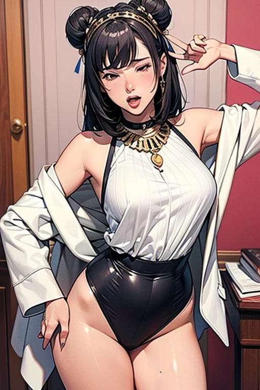 Score_9, score_8_up, score_7_up, score_6_up, source_anime, solo, 1girl, white background, abstract rectangular background, looking at viewer, BREAK 30-years-old, gyaru, nyotengu, suits, sitting, crossed leg, thighs, cleavage, wing, hair ornament, shiny skin, makeup, latex, shiny