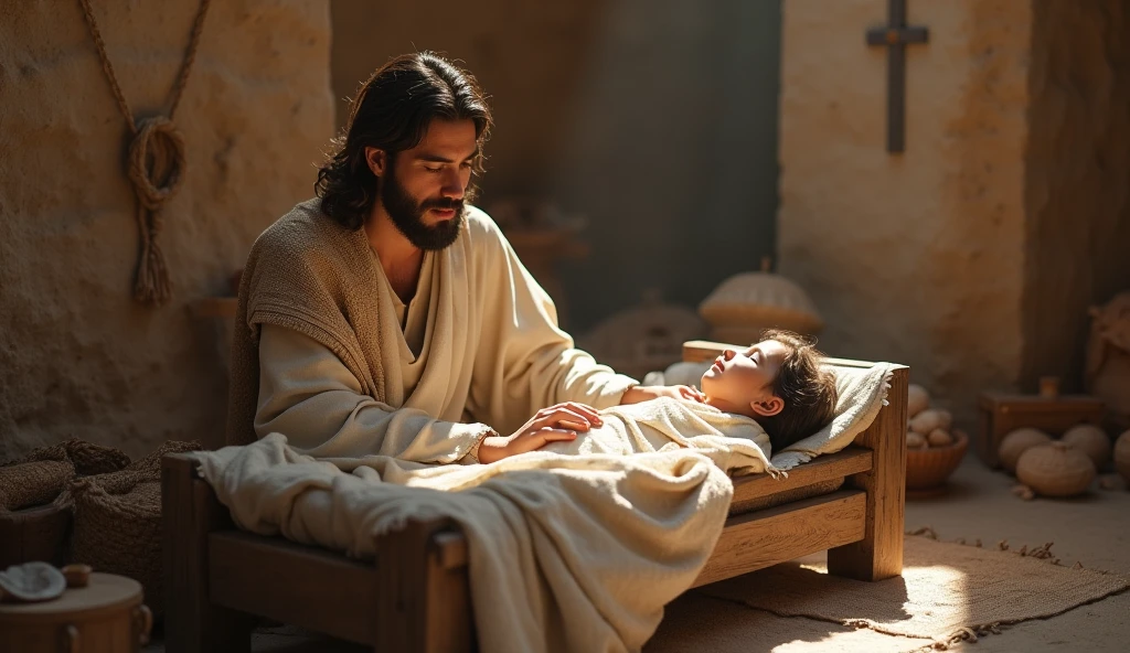 "Jesus Christ, with a serene and loving expression, gently enters a softly lit bedroom. He approaches a child sleeping peacefully in bed, casting a warm, protective glow over the scene. Jesus is dressed in simple, humble robes, and He stands beside the bed, looking down at the child with deep affection and care. The room is calm and tranquil, with gentle light filtering through a window, creating an atmosphere of divine peace and reassurance."