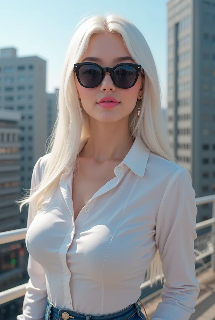Aristocratic young woman、（Golden white hair）（Long straight hair）(Beautiful silky hair)、blue eyes girl、Career Woman、((White business suit、Slightly longer skirt)),You can see the skyscrapers of the city outside the window.、(woman walking in new york&#39;office district),(A smile),(breasts of medium size,),Cleavage coordination),(stand on the glass floor)、wears sunglasses、