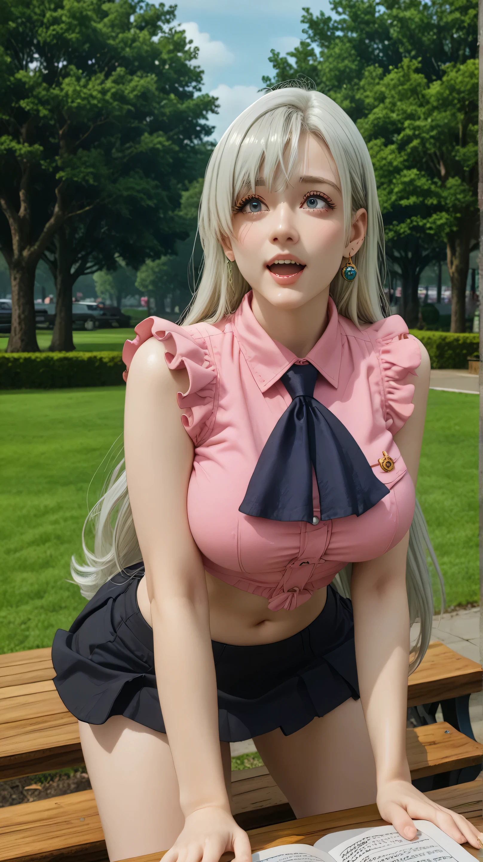 score_9, score_8_arriba, sharp focus,, absurdres, highres, illustration,
me_facing,,Elizabeth_lions,,hair_over_one_eye, long hair , (silver hair),on a metal bench in the park,she should be on all fours showing her big buttocks to the spectator and her big breasts. She must look excited,neckline, very large breasts,very large hips and very large thighs,
skirt, shirt, thighhighs, navel, jewelry, earrings, sleeveless, midriff, black skirt, ascot, sleeveless shirt, pink shirt
fondo blanco,