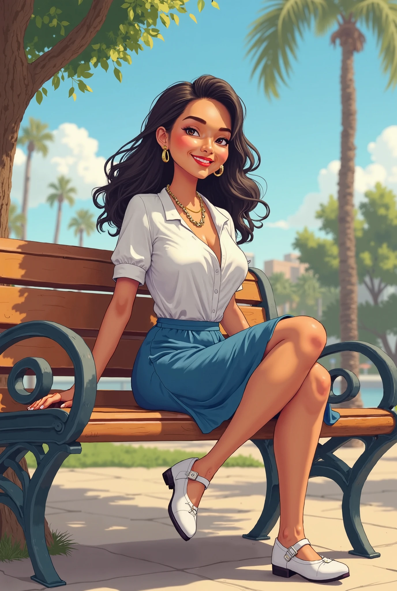 Cartoon woman sitting on a bench in a park with palm trees - SeaArt AI