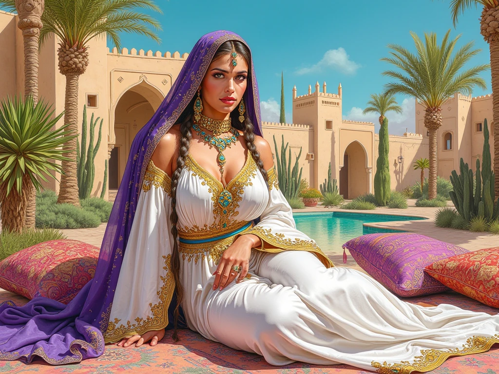 photo of alluring maharani laxmibai beautiful woman sparkling splashing rainbows, ((bright eyes)), super long braids, (laying in Moroccan oasis), palms, dunes, oasis, glistening, exotic jewelry, riad, dripping, iridescent, long kaftan abaya (masterpiece) (best quality) (detailed) (8k) (HDR) (wallpaper) (cinematic lighting) (sharp focus) (intricate)