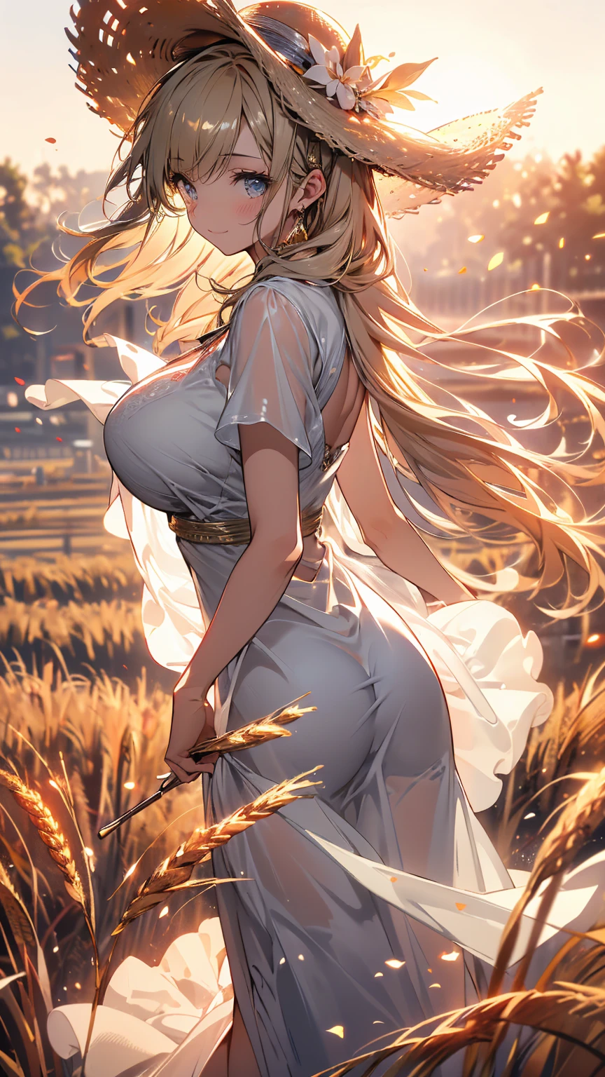 A beautiful woman, (((1 girl, solo, running, (wheat field), turning around, golden eyes, long pure white dress, middle ages, medieval outfit, long sleeves sunset, light from behind, shadow on the figure, smile, laughter, (blue sky), against the background of wheat, standing in the distance, looking at the viewer, full-length
, elegance under the sun, hair ornament, movement motion, image look alive))), ((perfect body figure, very big breast, very big ass, beautiful face, beautiful face, milf, age 46, royal, blazing blond color hair, ponytail hair style, beautiful skin, Extremely details hair, fine details)), (((cinematic lighting, beautiful lighting effect, creative design, full body frame, divine aura, hard harmony , shining light, perfect color transition, perfect balance of contrast, perfect color layer, perfectly smooth color blur, soft rendering, smooth color stroke, moon glare, optic lens, moonlight ray, soft colors, smooth colors blend, perfect color rendering, harmony, perfect color harmony, beautiful color, soft harmony, light particles, perfect details, intricate details, color prism, fine details, refine details, intricate clothes details, fine clothes, smooth fabric clothes texture, different angle))), Tachibana Omina art style, affectionate eyes, half a smile, slightly open mouth, a gentle expression on his face, serene scenery of grassland under the sun, grass floating around, calm, breeze and sunlight in the background, butterflies in the sky, realism, ((Best quality))),8k,((Masterpiece)),(Extremely refined and beautiful)