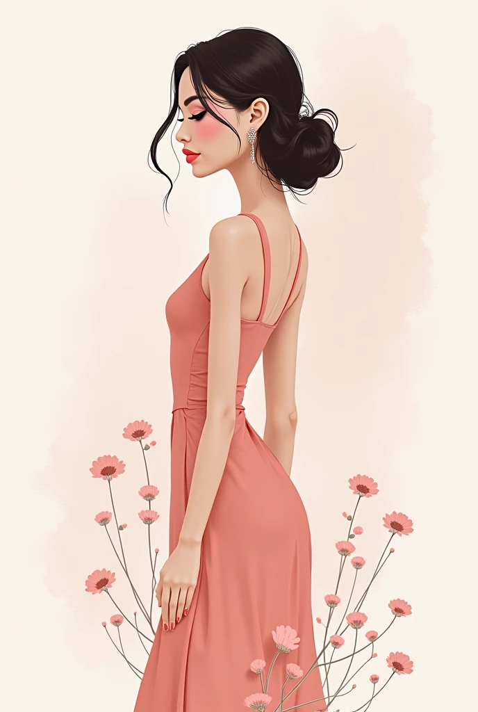 A woman solo in a dress. Summer, nostalgic, simple and beautiful color scheme, flat color, flowers, chic, red flowers, brown hair, 90s
