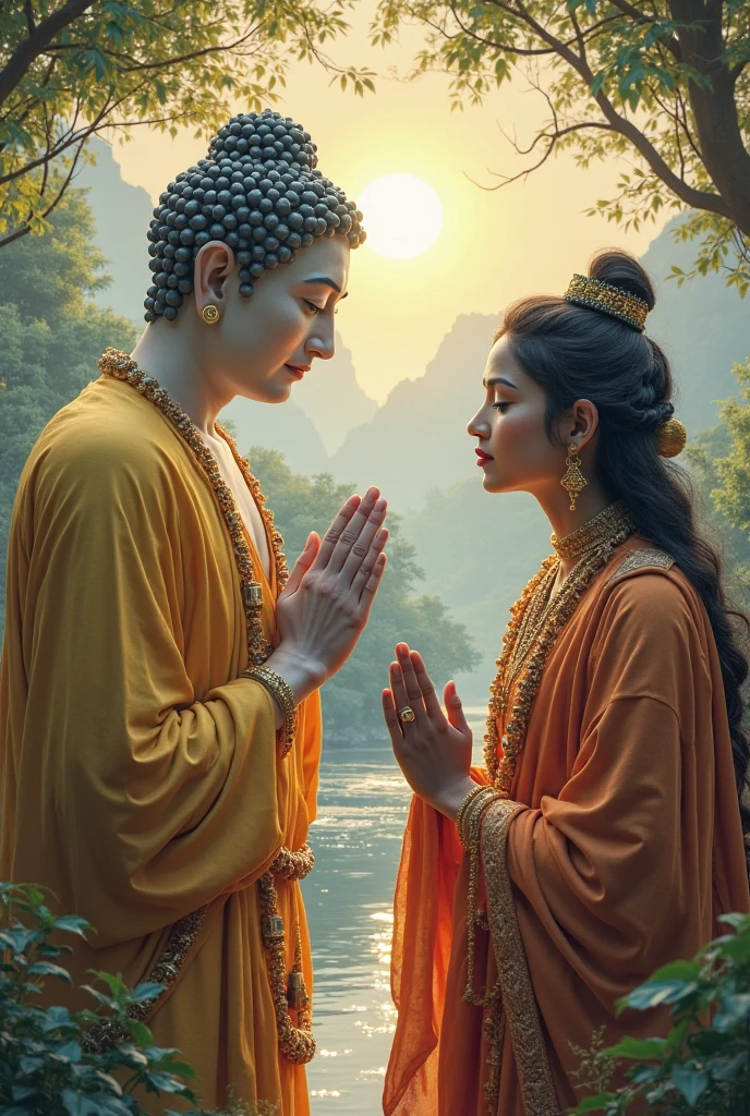 Beautiful woman Cambodia give lotus flower to handsome monk