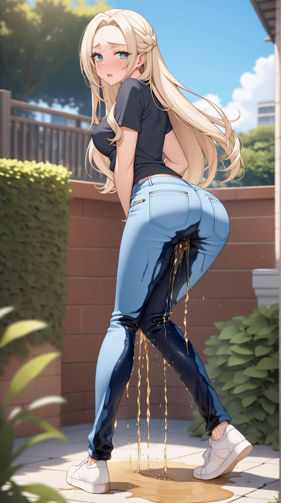 Detailed skin texture, Attractive skin tones, Captivating soft make-up, A youthful scandinavian female with dazzling eyes and lovely long hair and forehead with skinny body with round ass and medium breast with is (wetting herself:1.5) in (desperation, holding crotch). A large wet crotch stain is visible on her pants. Large wet thigh pee stain. Large wet knee pee stain. Large wet shin pee stain. Pee stains is visible on the back of her pants. She is wearing (blue denim skinny pants) with casual outfit and footwear. (Lactation) Looking at viewer from behind. :O. Outdoor setting in march. Fashion photography. Full body. (Best quality. Masterpiece:1.3. 16K. Detailed. Ultra high resolution). Detailed and intricate coloring, Healthy Skin, Absurd aesthetics,