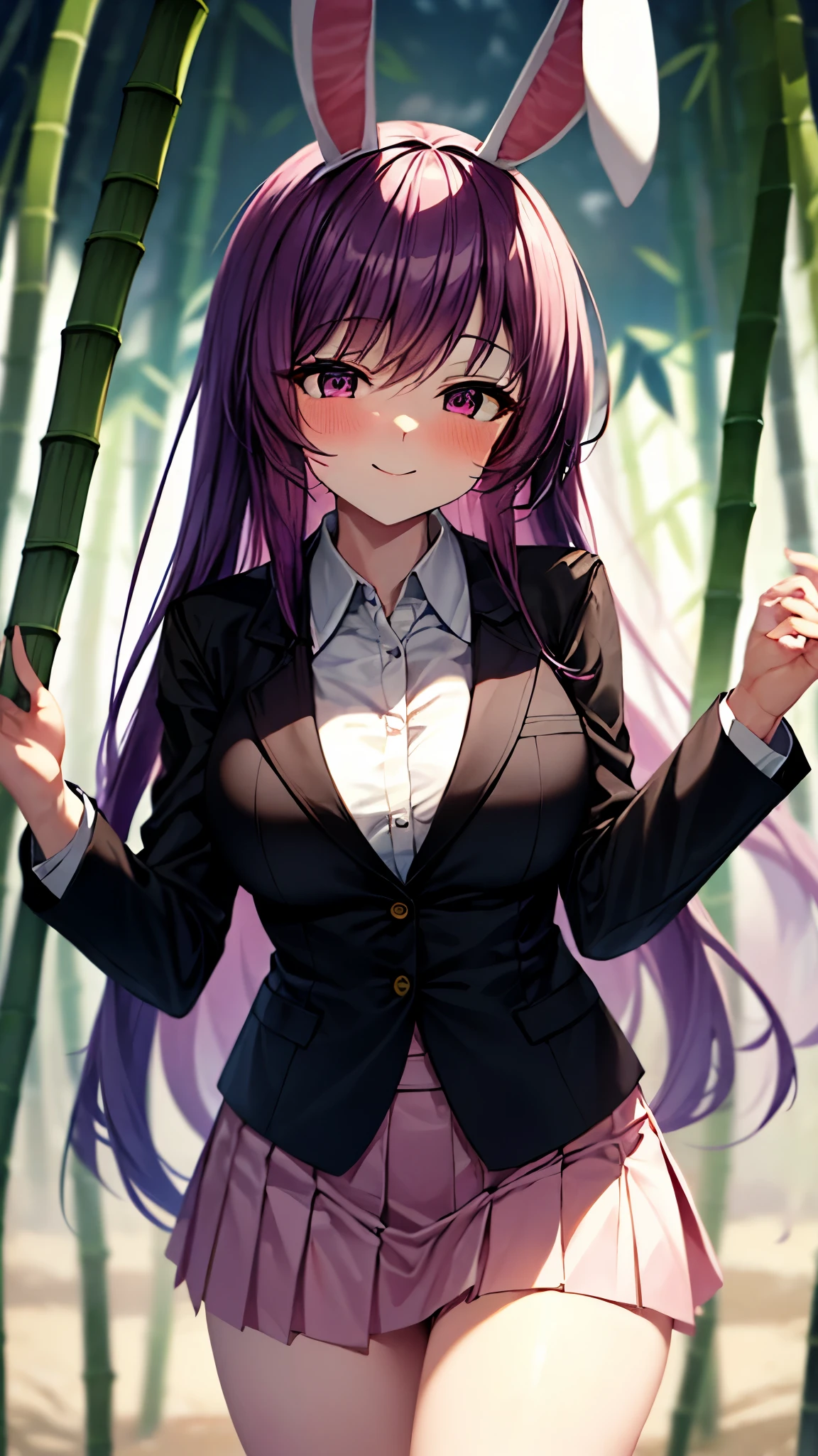 (Ultra High Quality,Ultra High Resolution,16k,super masterpiece,Ultra HD ,detailed shading and background,)One sexy girl, long purple hair,Rabbit Ears,white shirt, black blazer ,pink miniskirt,smile,blush,Bamboo Grove of the Rising Sun,