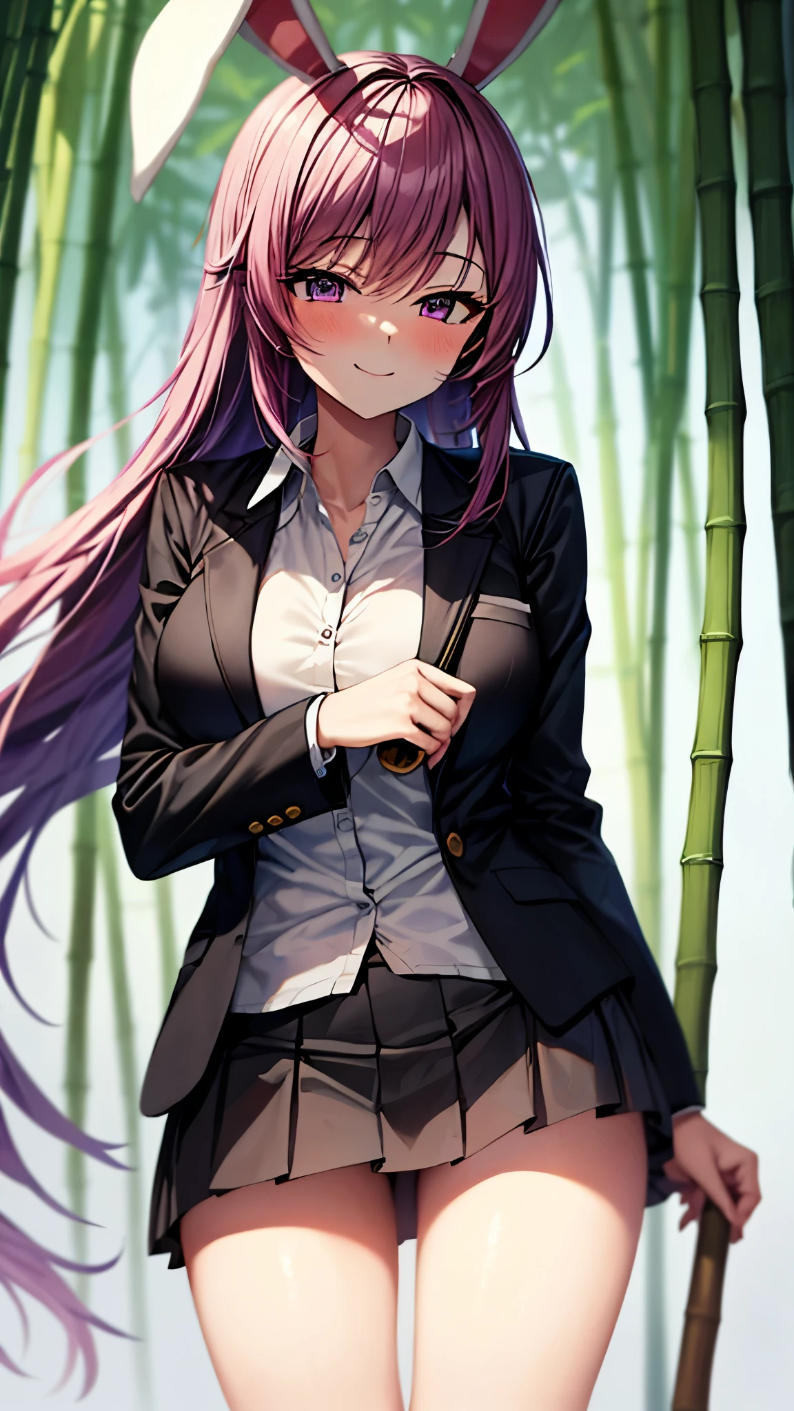 (Ultra High Quality,Ultra High Resolution,16k,super masterpiece,Ultra HD ,detailed shading and background,)One sexy girl, long purple hair,Rabbit Ears,white shirt, black blazer ,pink miniskirt,smile,blush,Bamboo Grove of the Rising Sun,