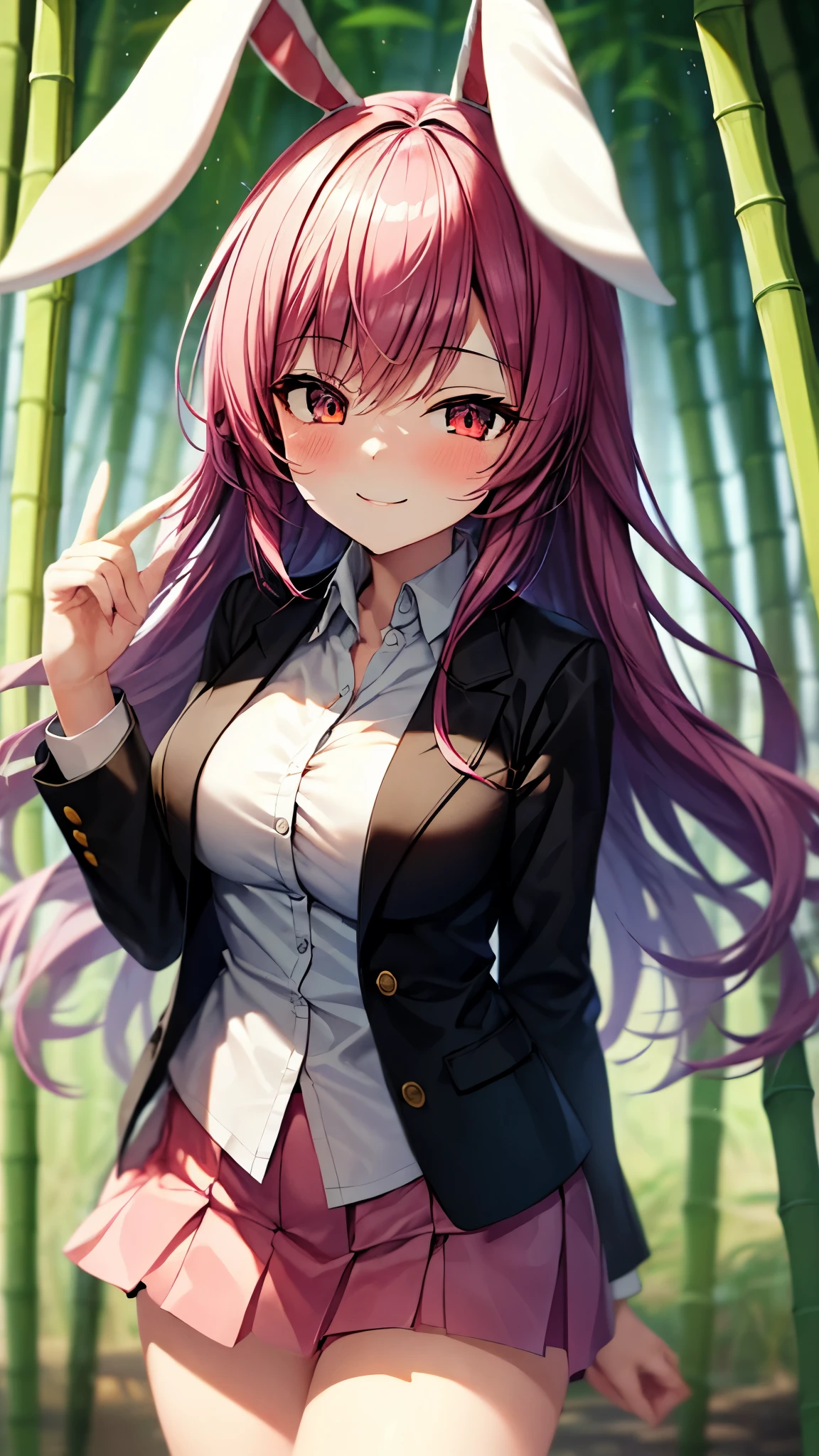 (Ultra High Quality,Ultra High Resolution,16k,super masterpiece,Ultra HD ,detailed shading and background,)One sexy girl, long purple hair,Rabbit Ears,white shirt, black blazer ,pink miniskirt,smile,blush,Bamboo Grove of the Rising Sun,