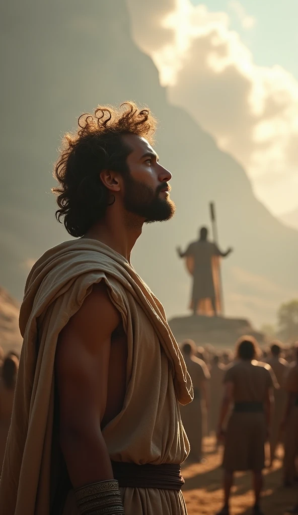 A male stoic philosopher with a well-proportioned and attractive physique, not excessively muscular. He is wearing classic tunics, slightly transparent, that gently drape over his body, subtly revealing parts of his shoulder, with a very short and well-groomed beard, and wavy, well-stylized hair. He stands amidst ruins, his expression solemn, as he releases a handful of sand that slips through his fingers, symbolizing the fleeting nature of trust and the shattered certainties of betrayal. The scene is set in a vibrant, impressionist landscape with rich colors and dynamic brushstrokes, creating a sense of movement and emotion. The background has a subtle texture that adds depth but complements the text without overpowering it.