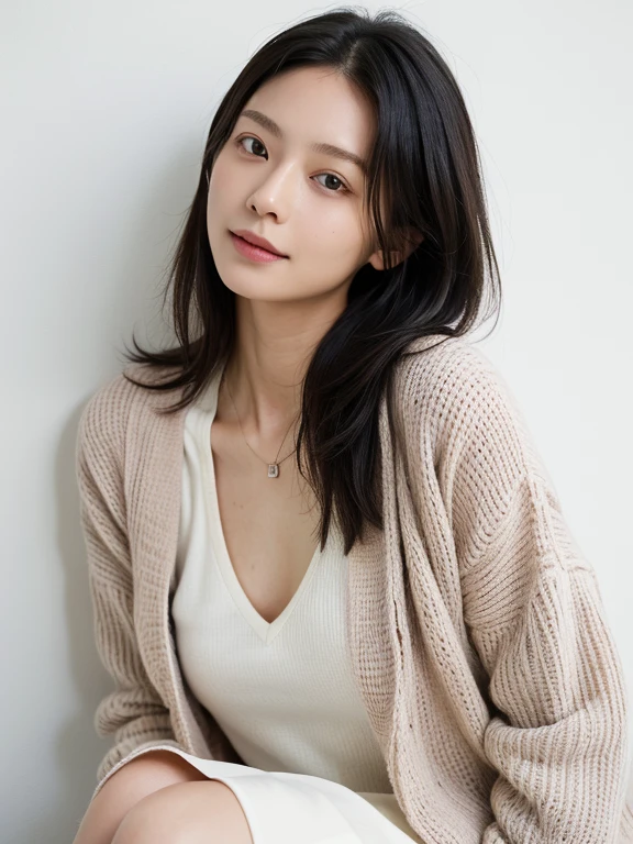 Authentic, highest quality, high resolution, natural skin, portrait, Japanese woman, regular woman, smile, mature woman, in front of a white wall, from the knees up