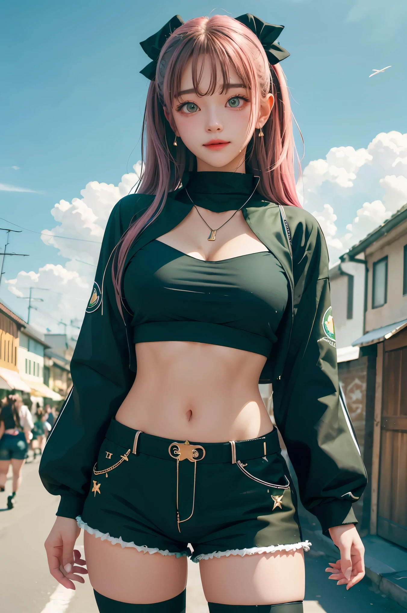 nicoledemara, nicole demara, (green eyes:1.5), pink hair, hair ornament, hair ribbon, hairclip, long hair, mole, mole on breast, mole on thigh, mole under eye, two side up, ribbon, smirk, smile, open mouth,
BREAK black footwear, black ribbon, black shorts, black socks, black thighhighs, boots, cleavage, crop top, earrings, jewelry, kneehighs, nail polish, necklace, o-ring, short shorts, shorts, single kneehigh, single sock, single thighhigh, socks, thigh strap, thighhighs, torn clothes, two side up,
BREAK outdoors, city, sky, clouds, sun, buildings, crowd, people, alley,
BREAK looking at viewer, (cowboy shot:1.5),
BREAK (masterpiece:1.2), best quality, high resolution, unity 8k wallpaper, (illustration:0.8), (beautiful detailed eyes:1.6), extremely detailed face, perfect lighting, extremely detailed CG, (perfect hands, perfect anatomy),