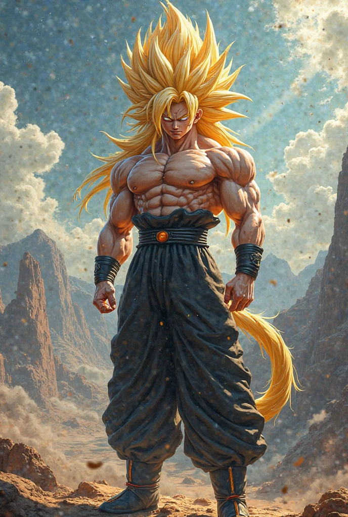 man with muscle , yellow hair, super saiya, dragon ball, lightening 
